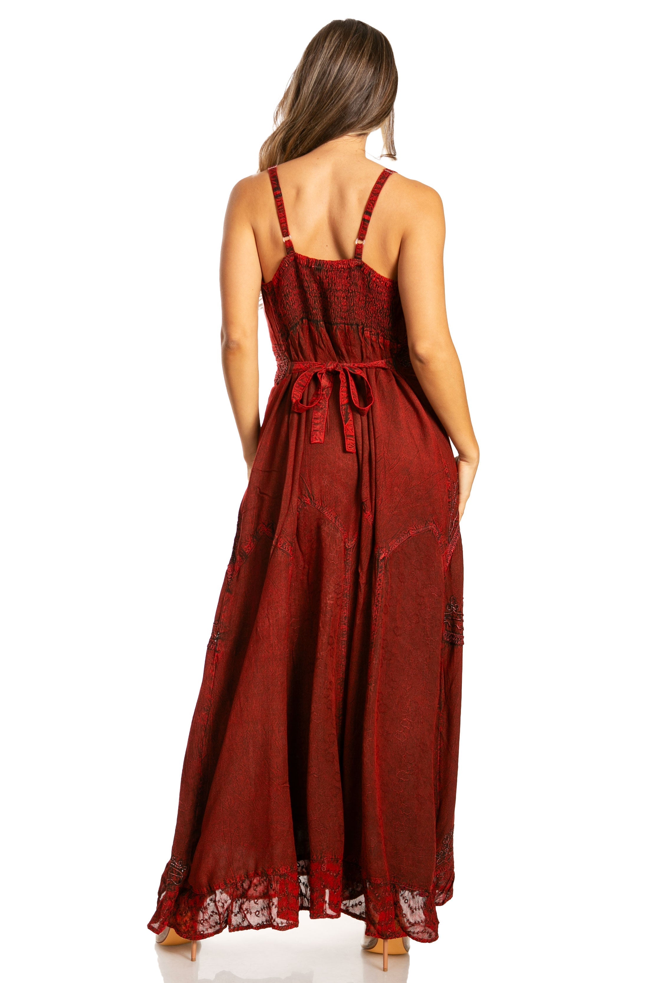 Sakkas - Stonewashed Rayon Embroidered Adjustable Spaghetti Straps Long Dress