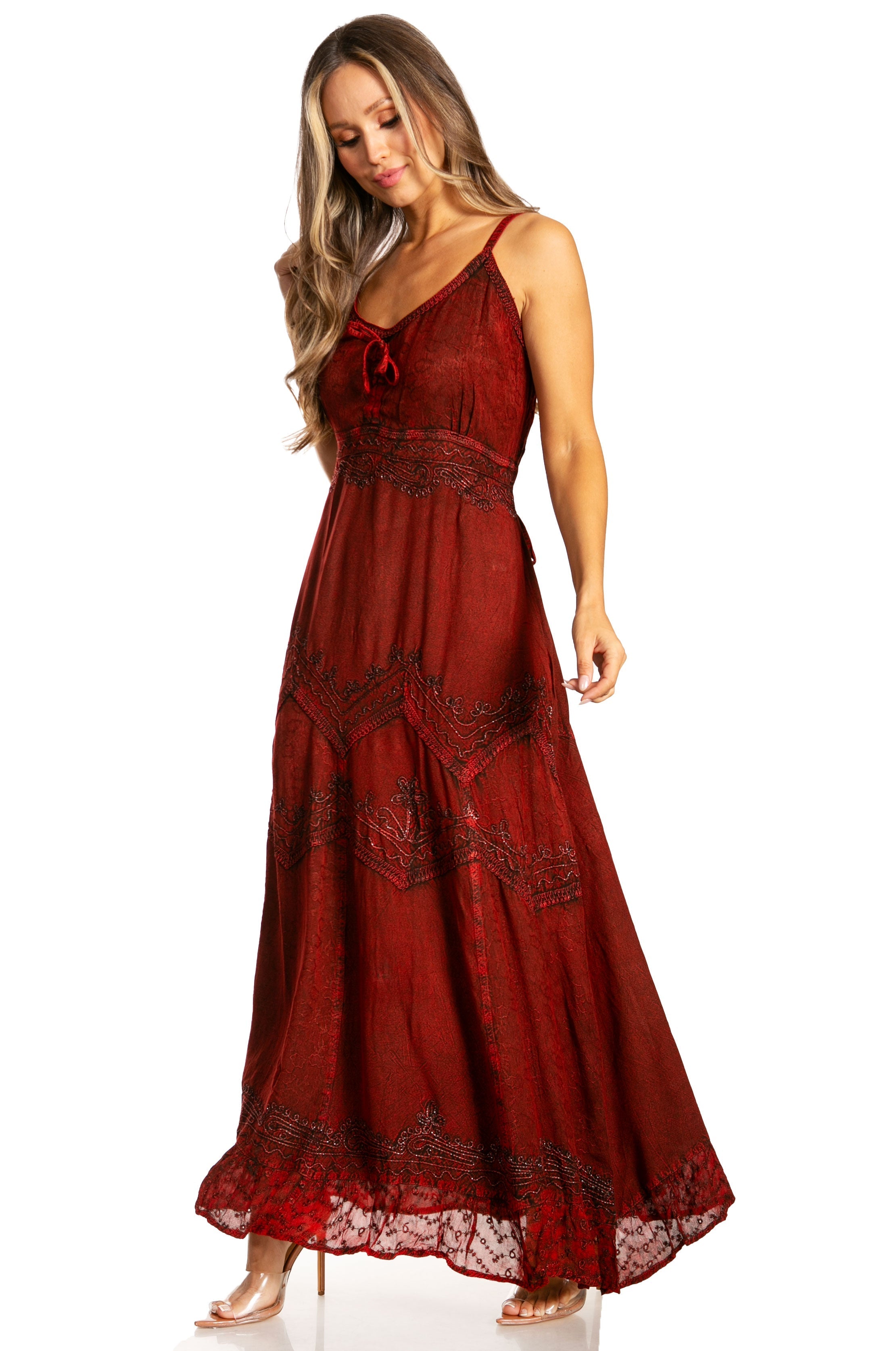 Sakkas - Stonewashed Rayon Embroidered Adjustable Spaghetti Straps Long Dress