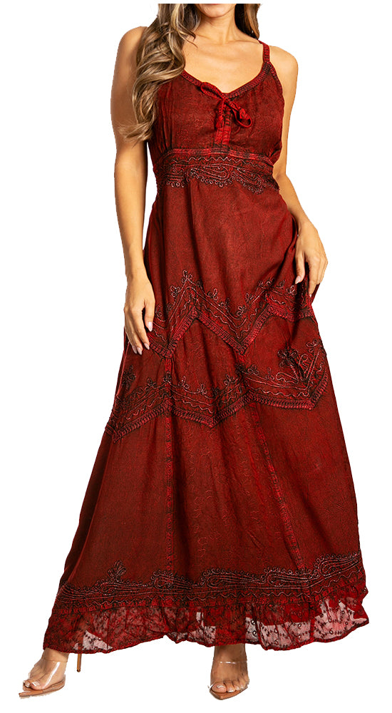 Sakkas - Stonewashed Rayon Embroidered Adjustable Spaghetti Straps Long Dress