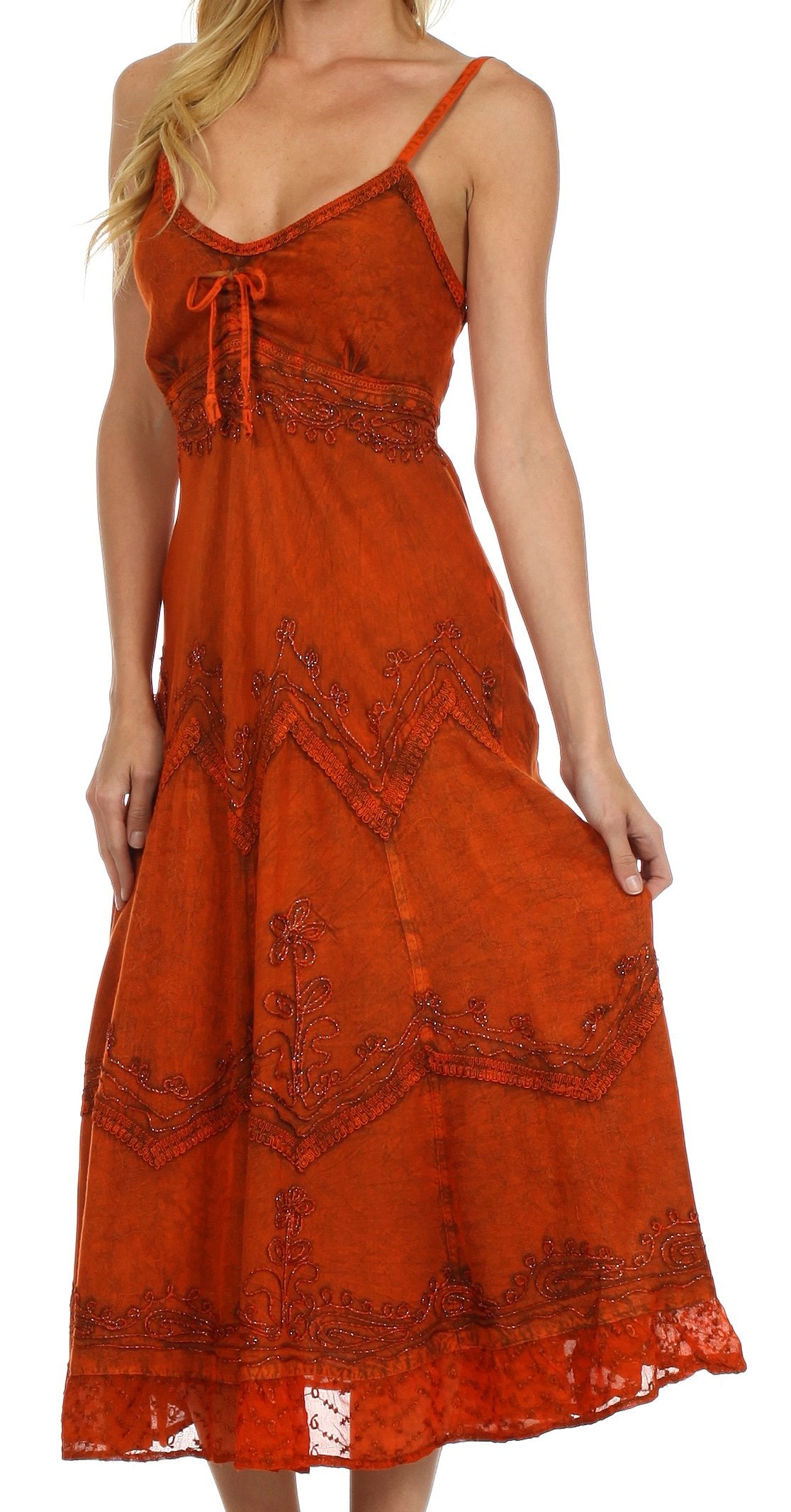 Sakkas - Stonewashed Rayon Embroidered Adjustable Spaghetti Straps Long Dress