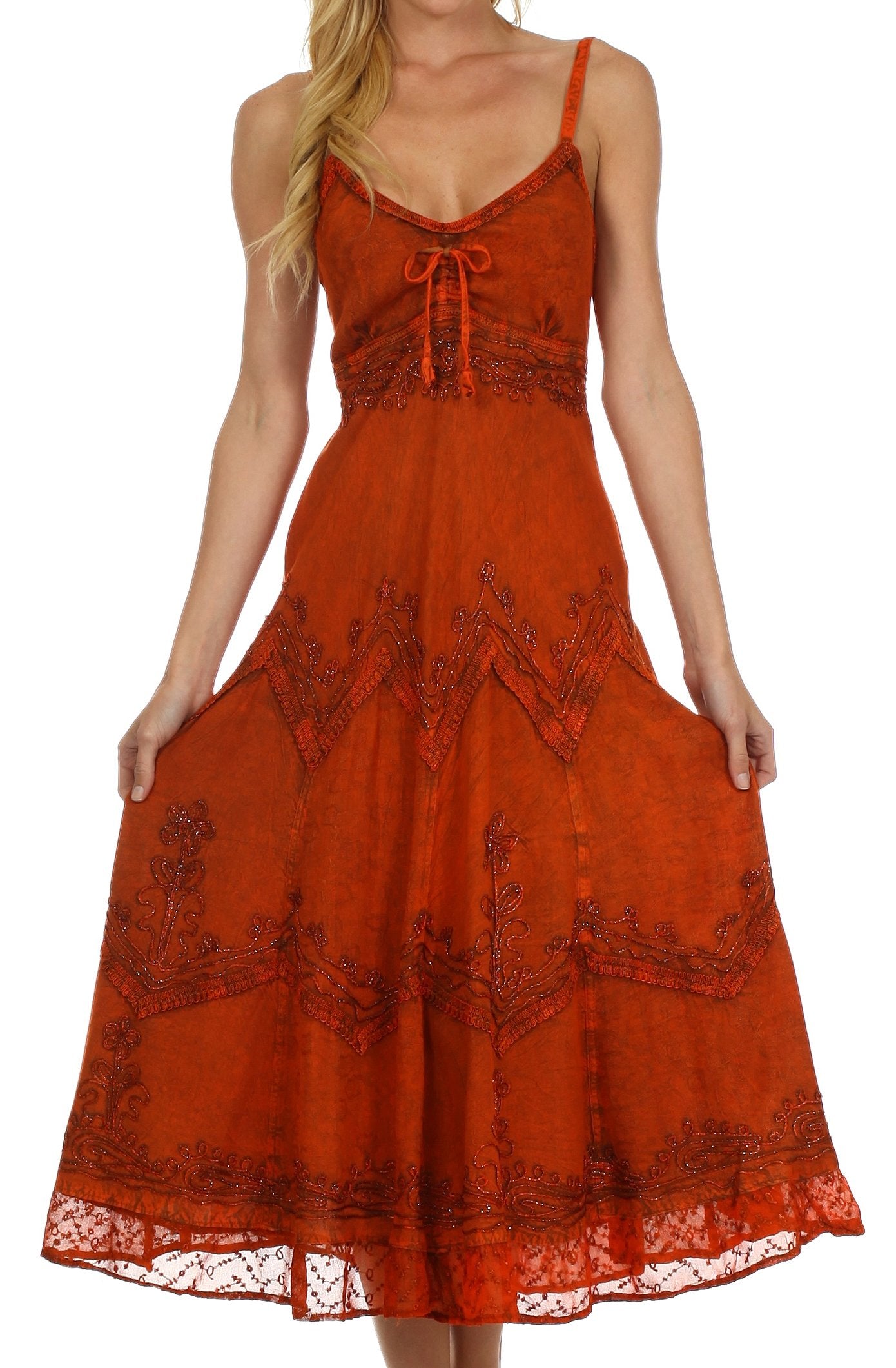 Sakkas - Stonewashed Rayon Embroidered Adjustable Spaghetti Straps Long Dress