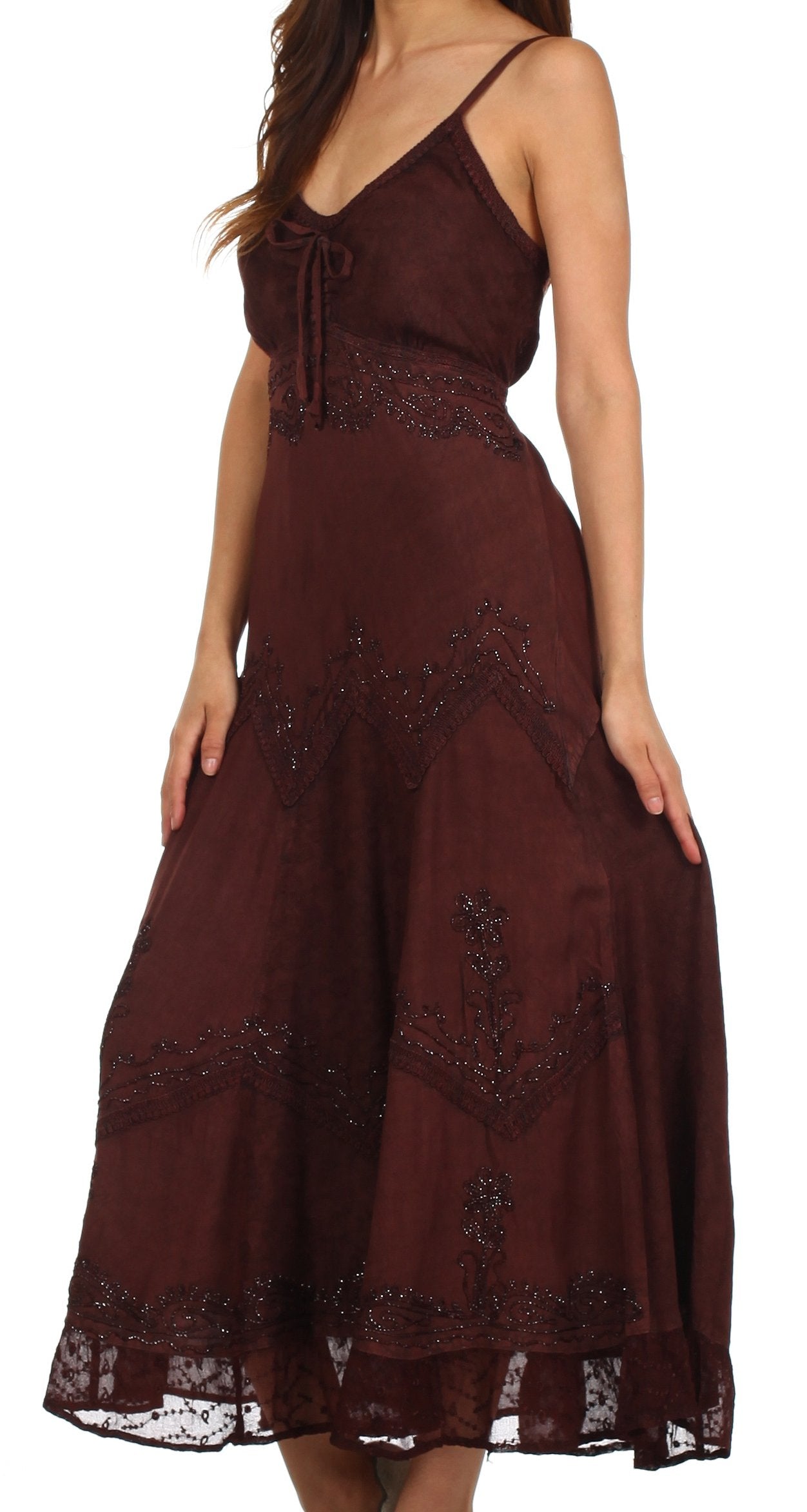 Sakkas - Stonewashed Rayon Embroidered Adjustable Spaghetti Straps Long Dress