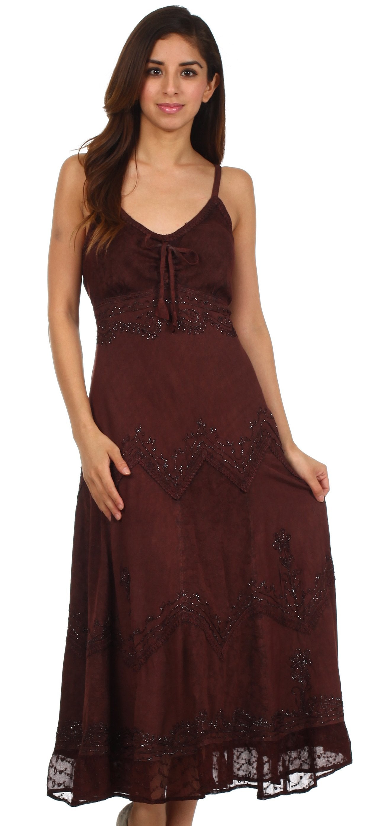 Sakkas - Stonewashed Rayon Embroidered Adjustable Spaghetti Straps Long Dress
