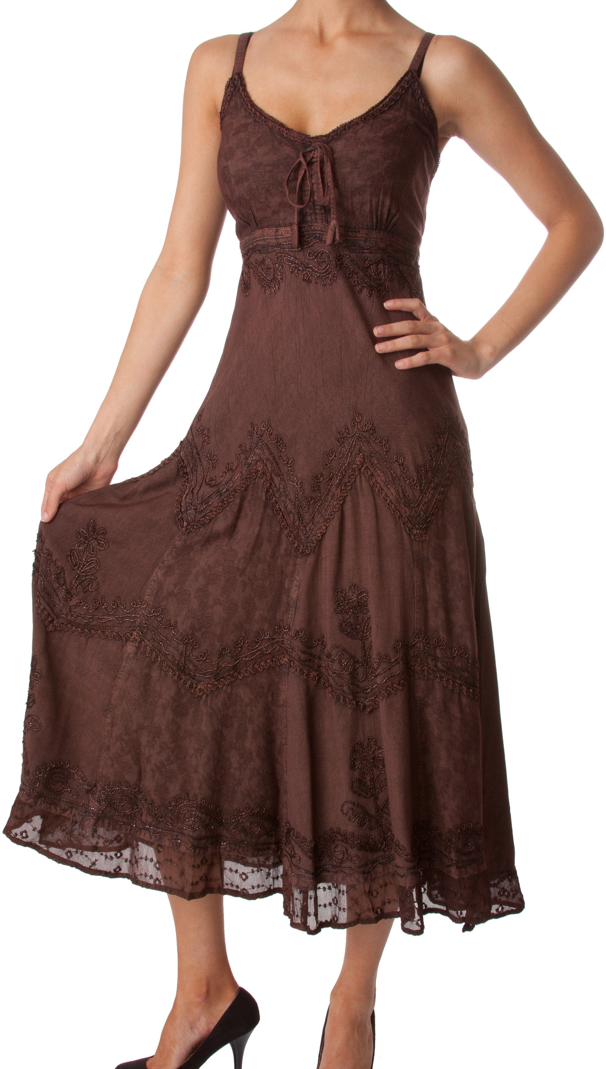Sakkas - Stonewashed Rayon Embroidered Adjustable Spaghetti Straps Long Dress