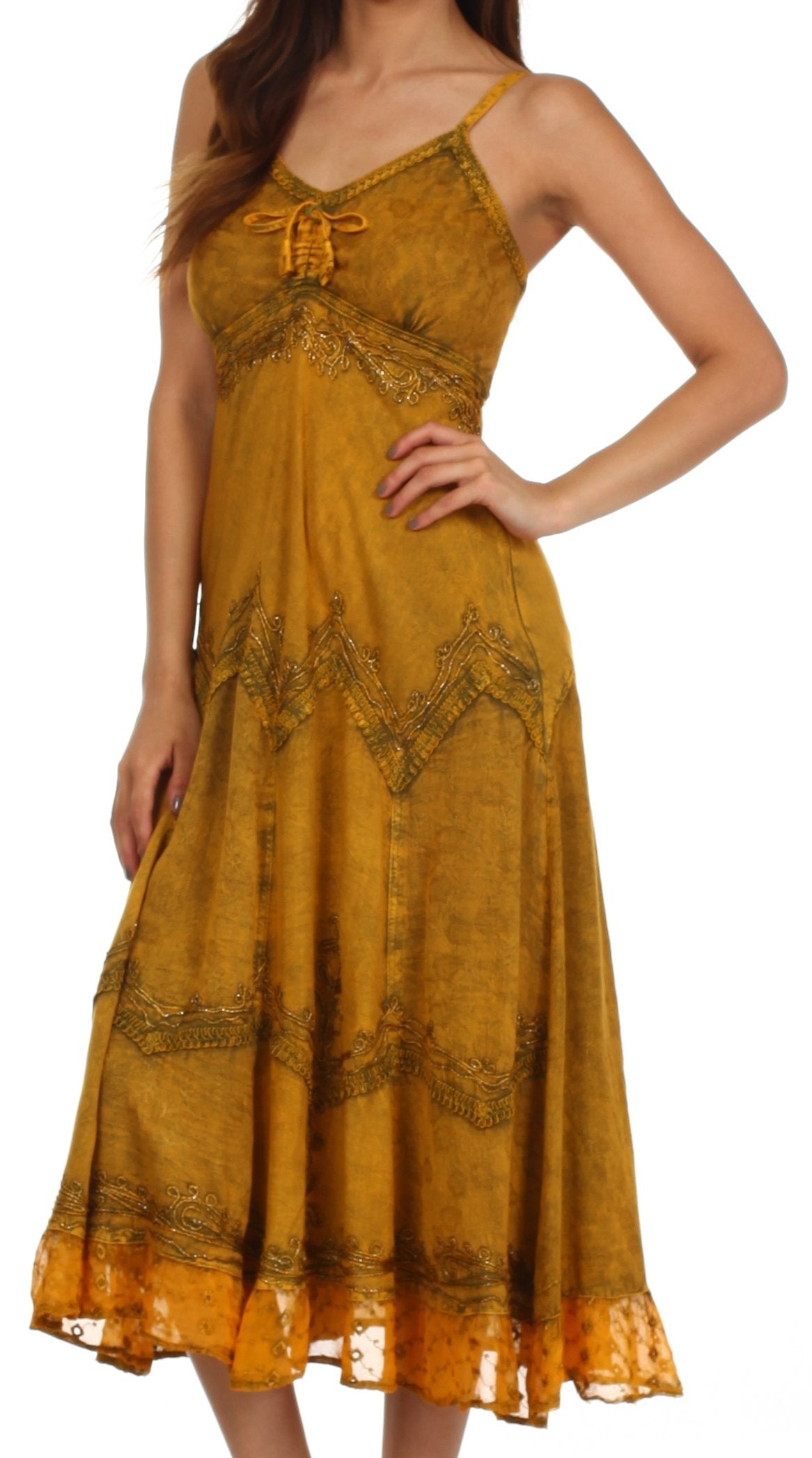 Sakkas - Stonewashed Rayon Embroidered Adjustable Spaghetti Straps Long Dress
