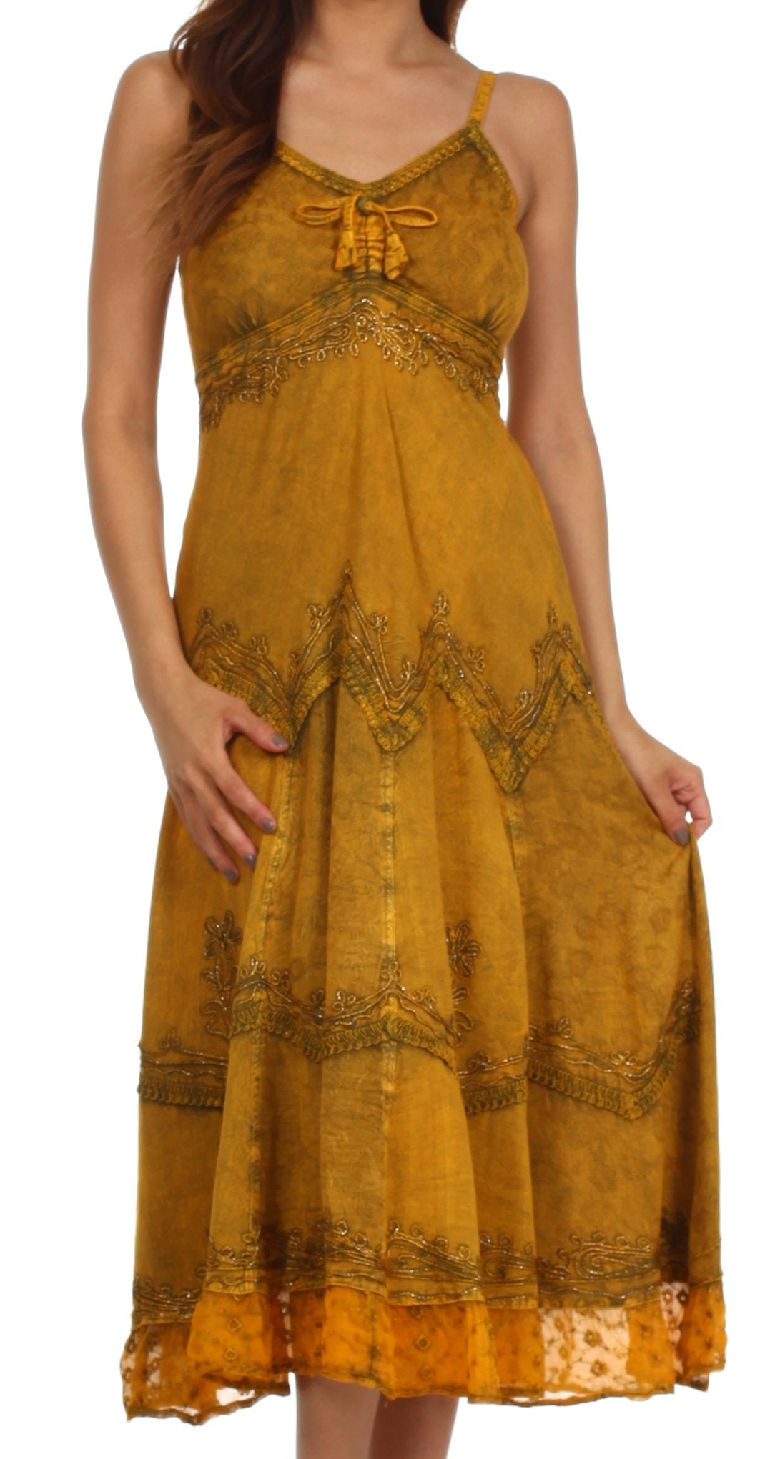 Sakkas - Stonewashed Rayon Embroidered Adjustable Spaghetti Straps Long Dress