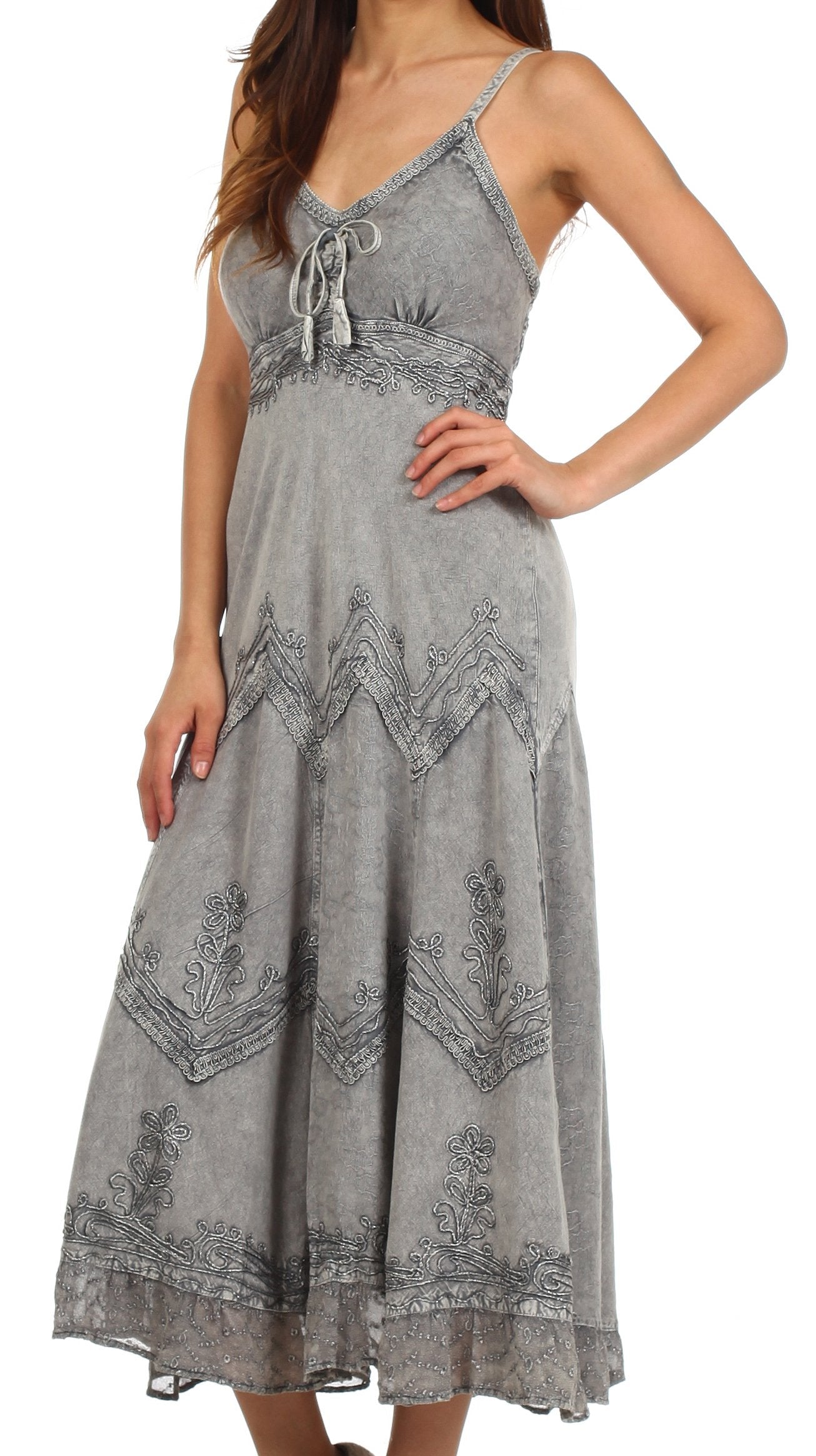 Sakkas - Stonewashed Rayon Embroidered Adjustable Spaghetti Straps Long Dress