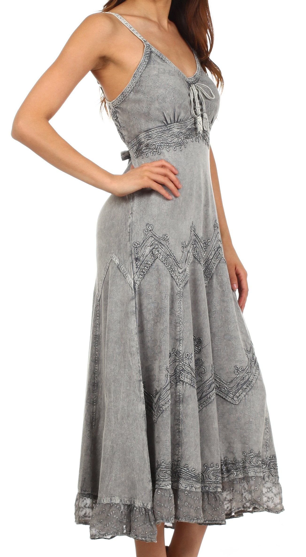 Sakkas - Stonewashed Rayon Embroidered Adjustable Spaghetti Straps Long Dress