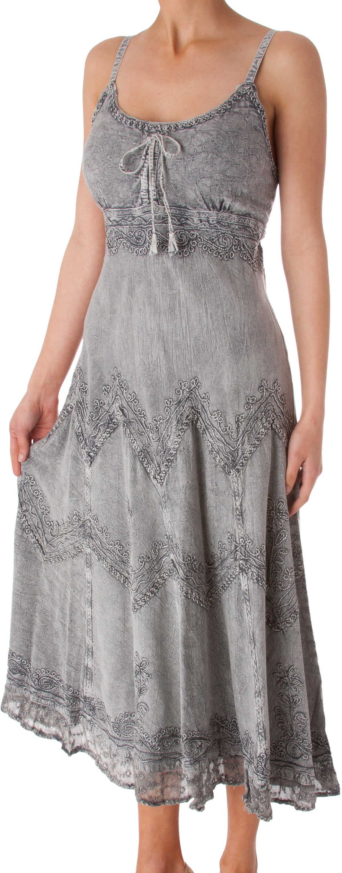 Sakkas - Stonewashed Rayon Embroidered Adjustable Spaghetti Straps Long Dress