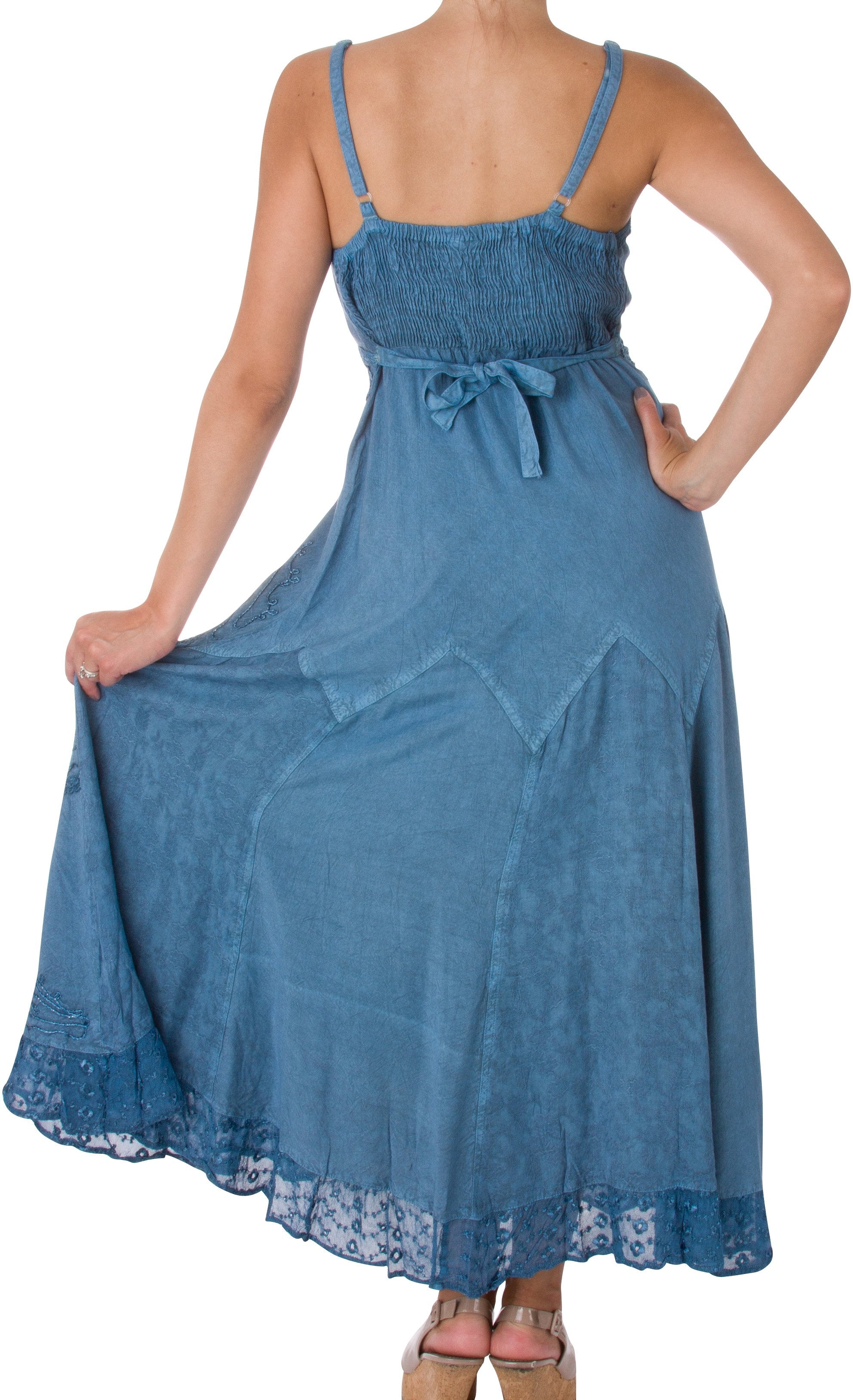Sakkas - Stonewashed Rayon Embroidered Adjustable Spaghetti Straps Long Dress