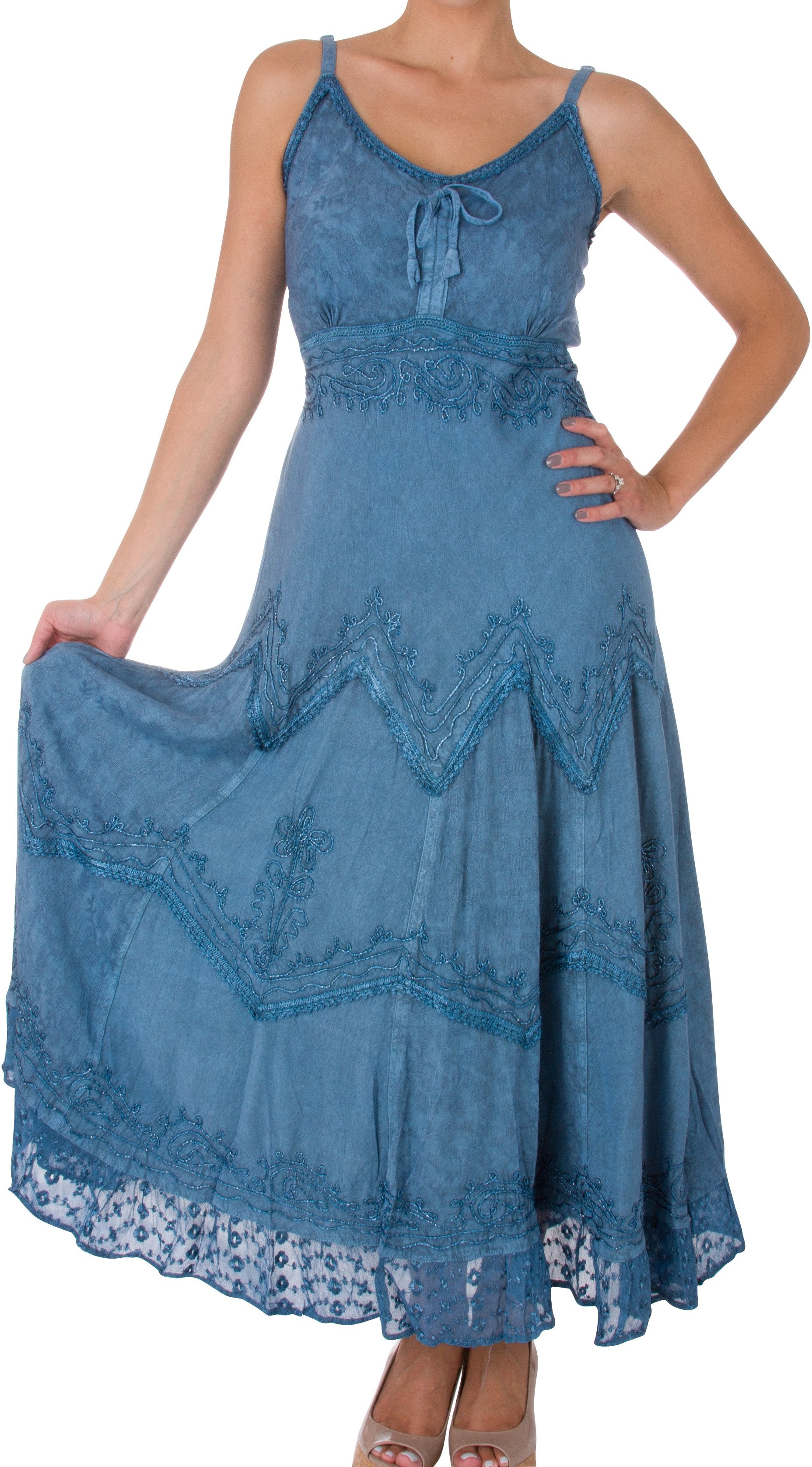 Sakkas - Stonewashed Rayon Embroidered Adjustable Spaghetti Straps Long Dress