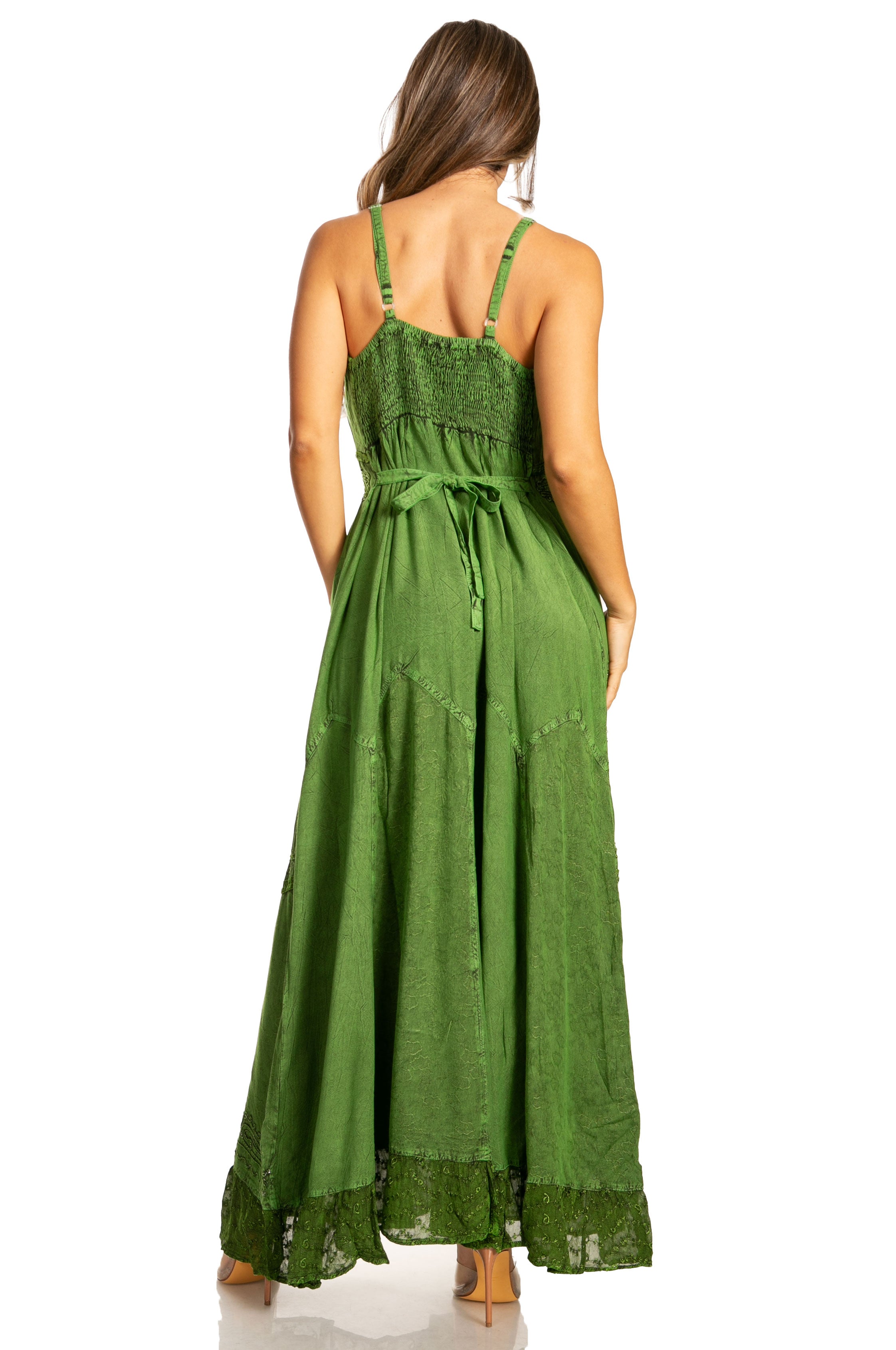 Sakkas - Stonewashed Rayon Embroidered Adjustable Spaghetti Straps Long Dress