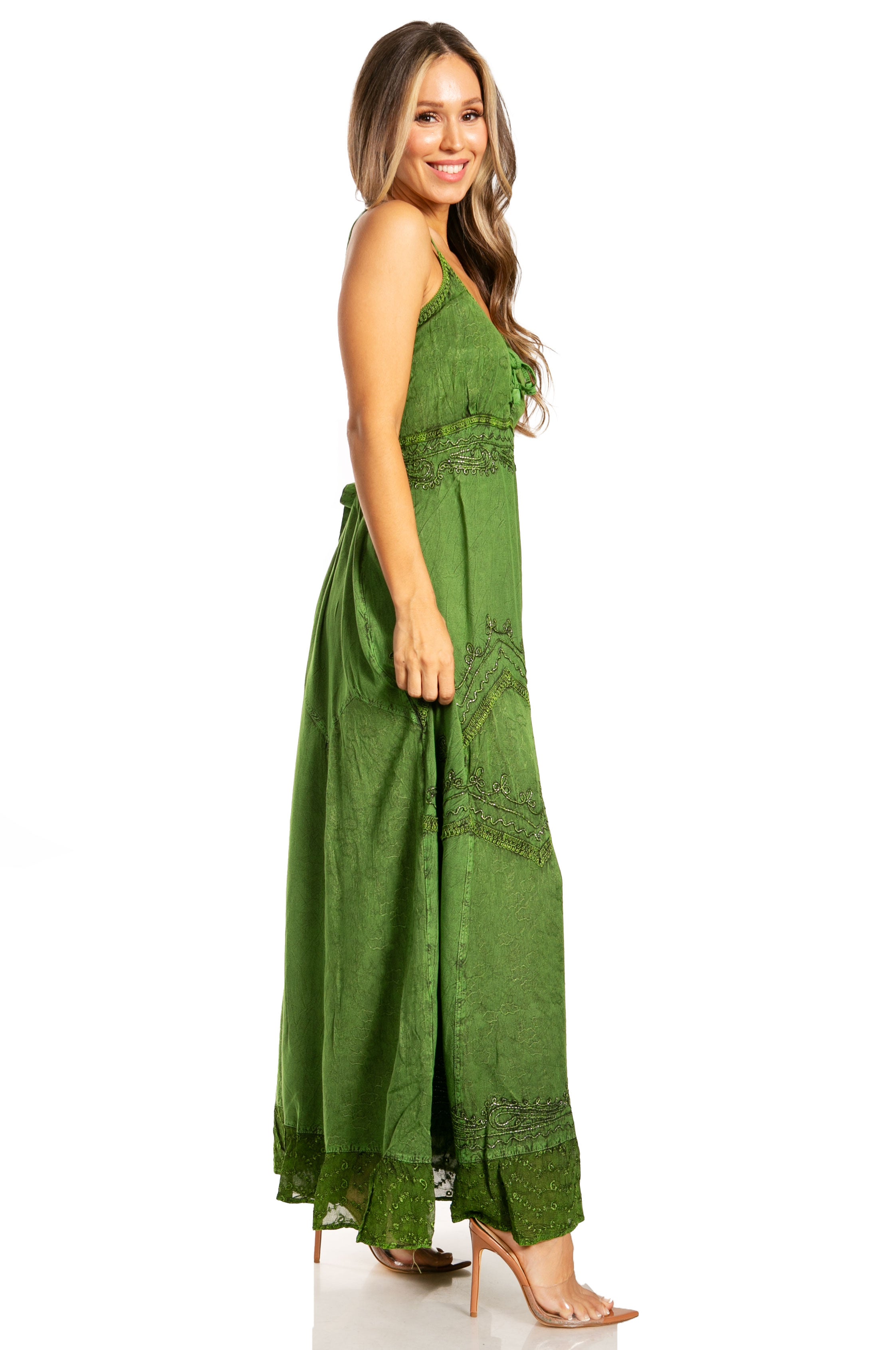 Sakkas - Stonewashed Rayon Embroidered Adjustable Spaghetti Straps Long Dress