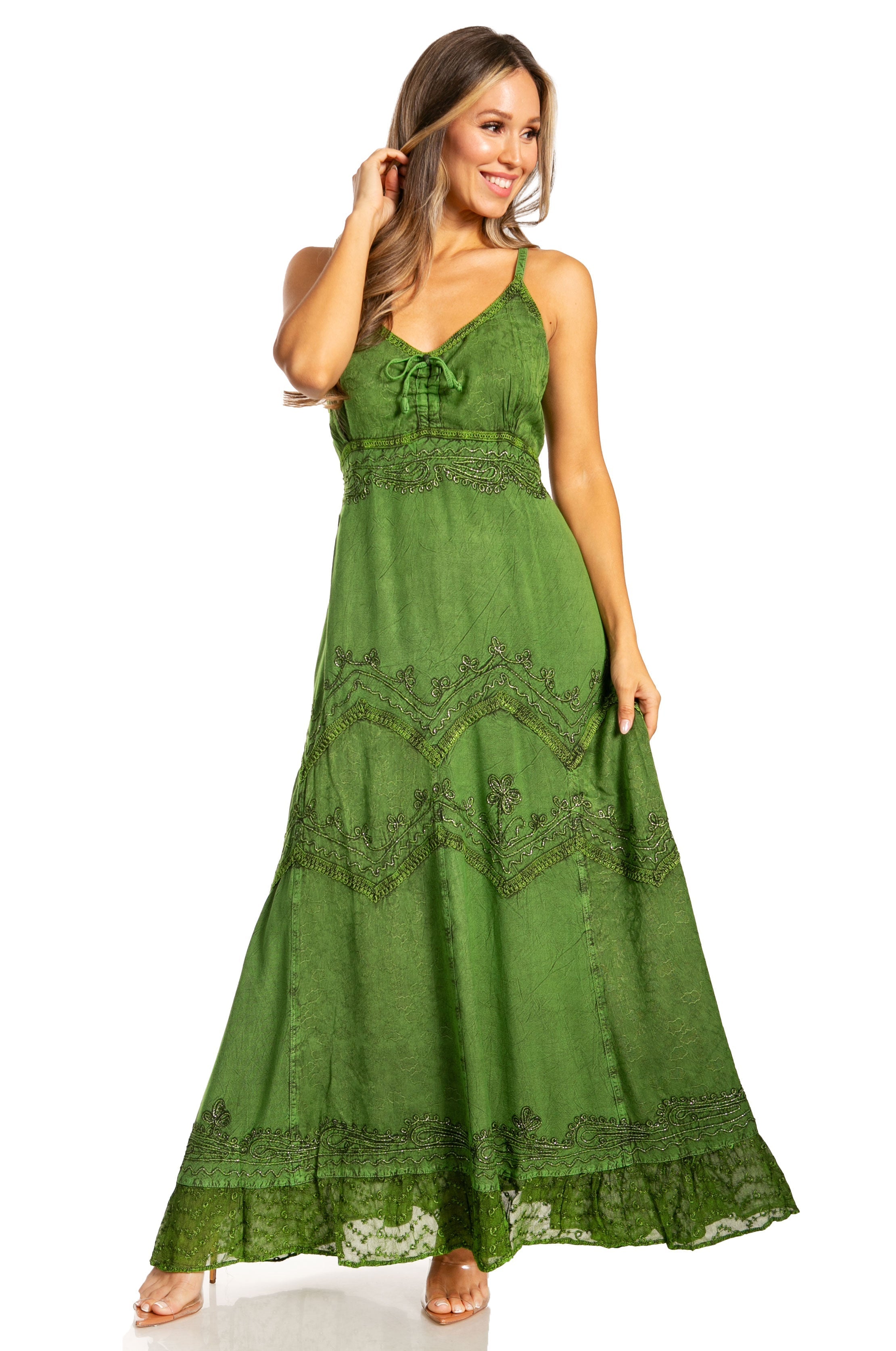 Sakkas - Stonewashed Rayon Embroidered Adjustable Spaghetti Straps Long Dress