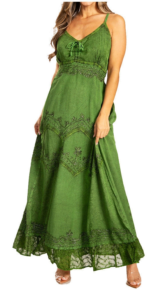 Sakkas - Stonewashed Rayon Embroidered Adjustable Spaghetti Straps Long Dress