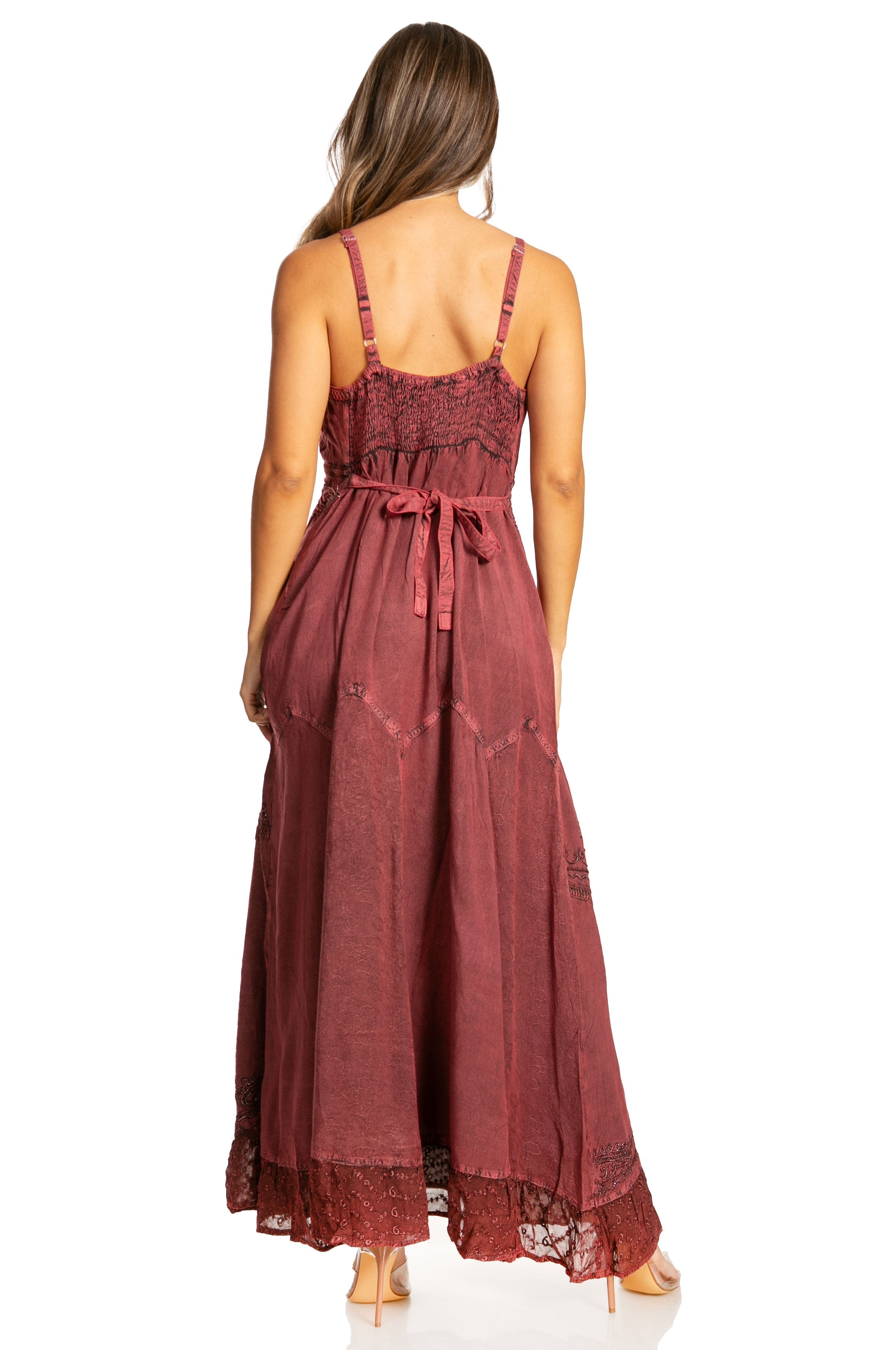 Sakkas - Stonewashed Rayon Embroidered Adjustable Spaghetti Straps Long Dress