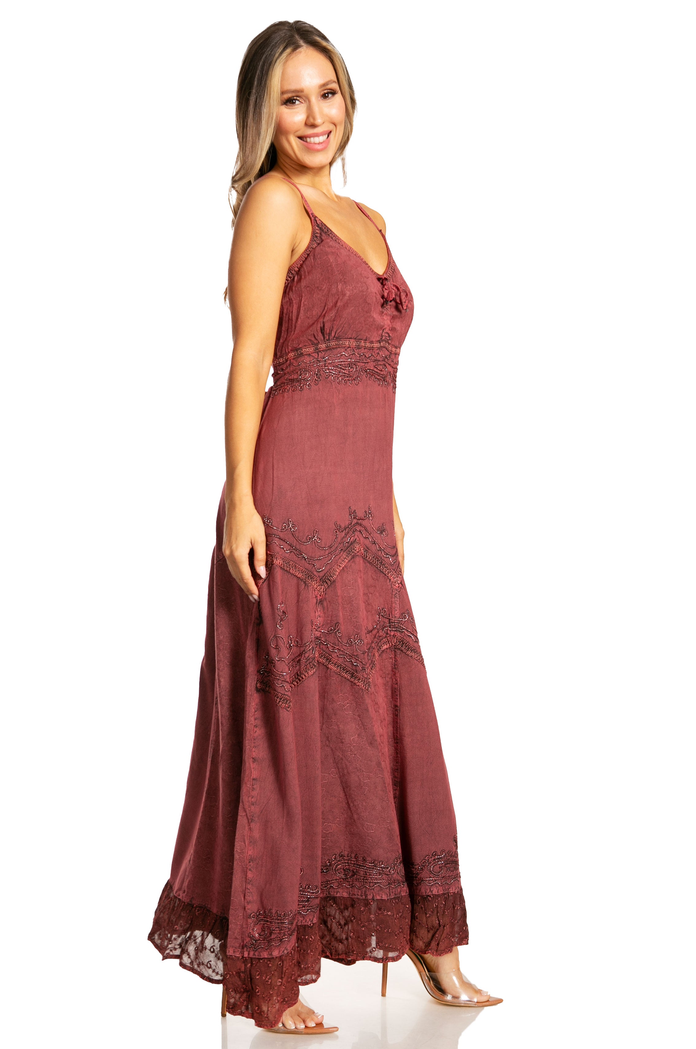 Sakkas - Stonewashed Rayon Embroidered Adjustable Spaghetti Straps Long Dress