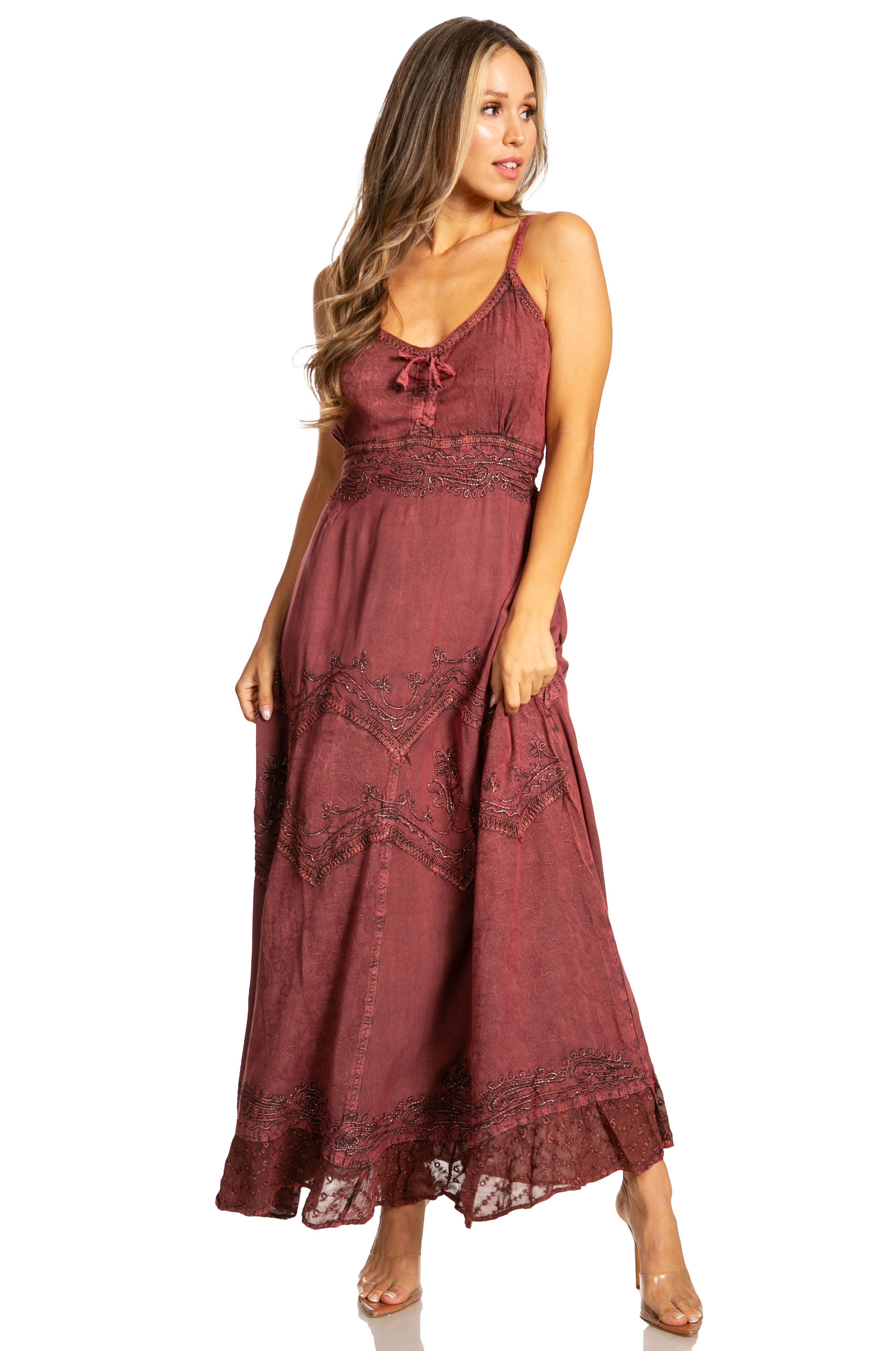 Sakkas - Stonewashed Rayon Embroidered Adjustable Spaghetti Straps Long Dress