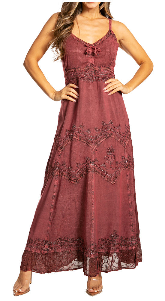 Sakkas - Stonewashed Rayon Embroidered Adjustable Spaghetti Straps Long Dress