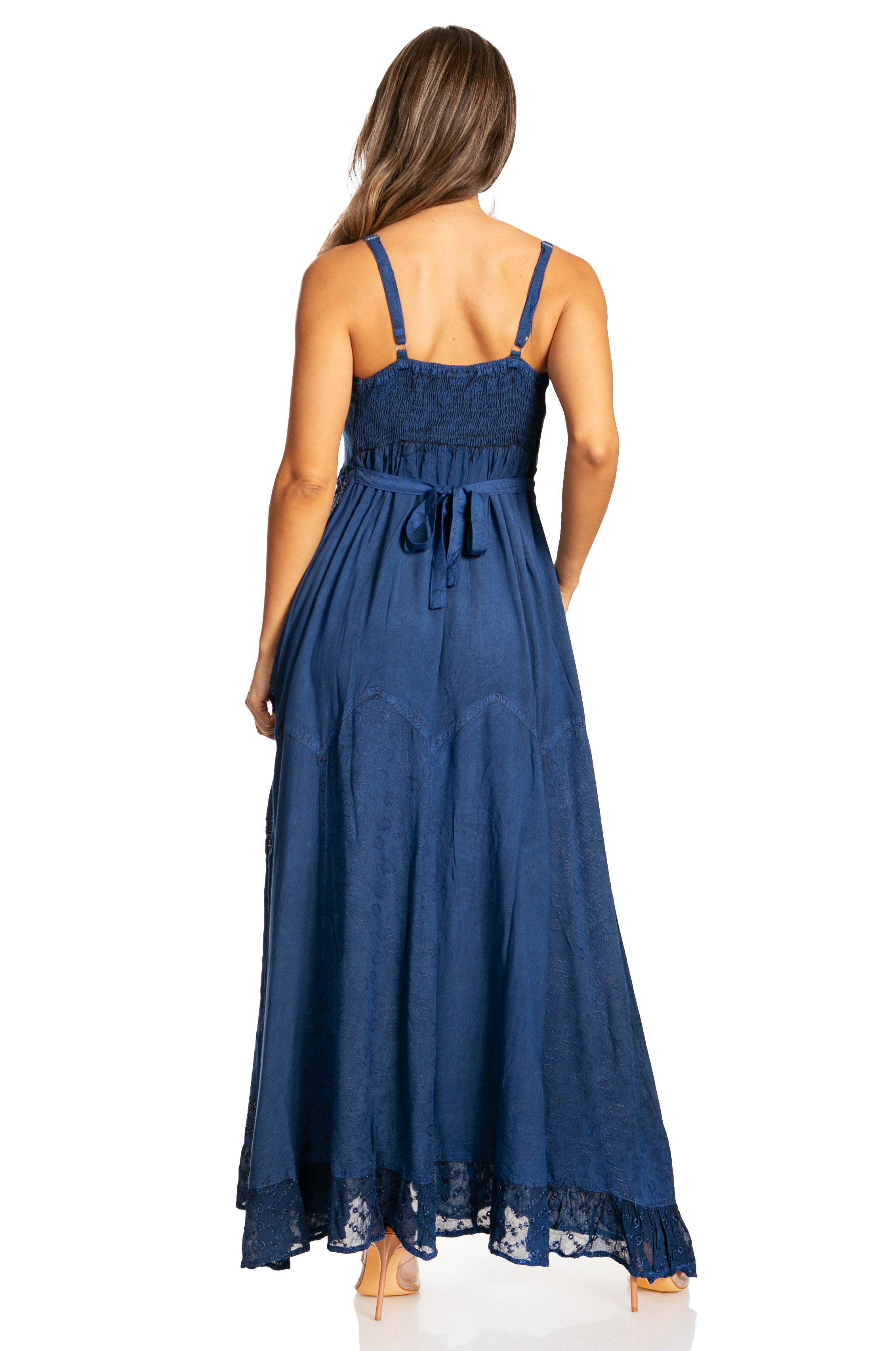 Sakkas - Stonewashed Rayon Embroidered Adjustable Spaghetti Straps Long Dress