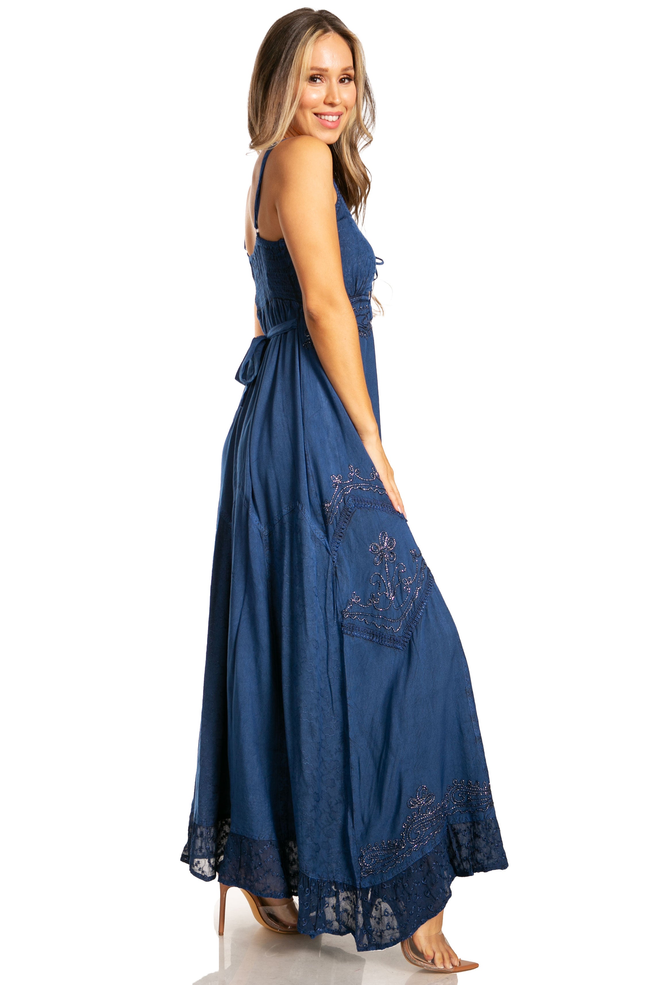 Sakkas - Stonewashed Rayon Embroidered Adjustable Spaghetti Straps Long Dress