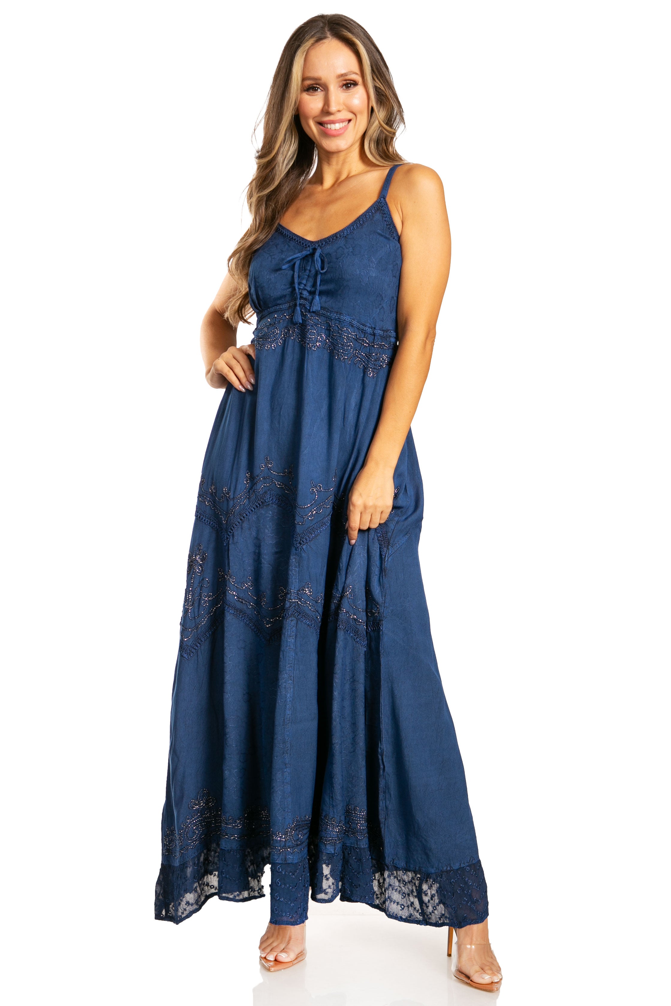Sakkas - Stonewashed Rayon Embroidered Adjustable Spaghetti Straps Long Dress