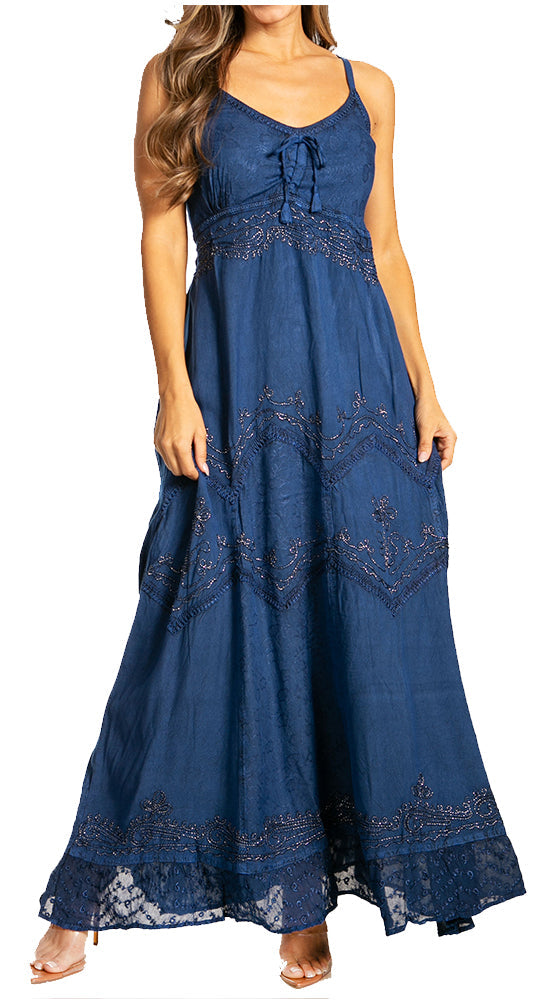 Sakkas - Stonewashed Rayon Embroidered Adjustable Spaghetti Straps Long Dress