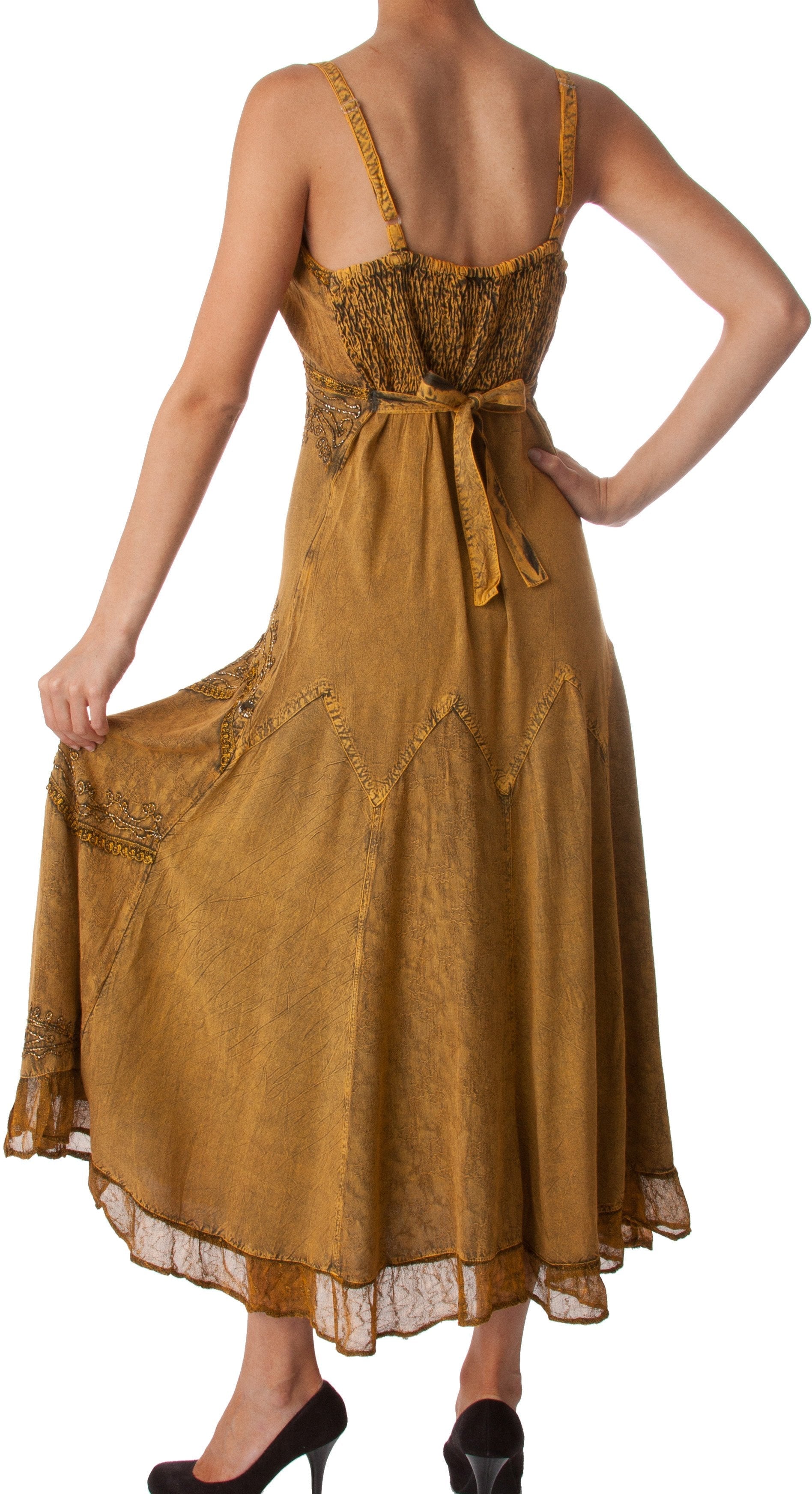 Sakkas - Stonewashed Rayon Embroidered Adjustable Spaghetti Straps Long Dress