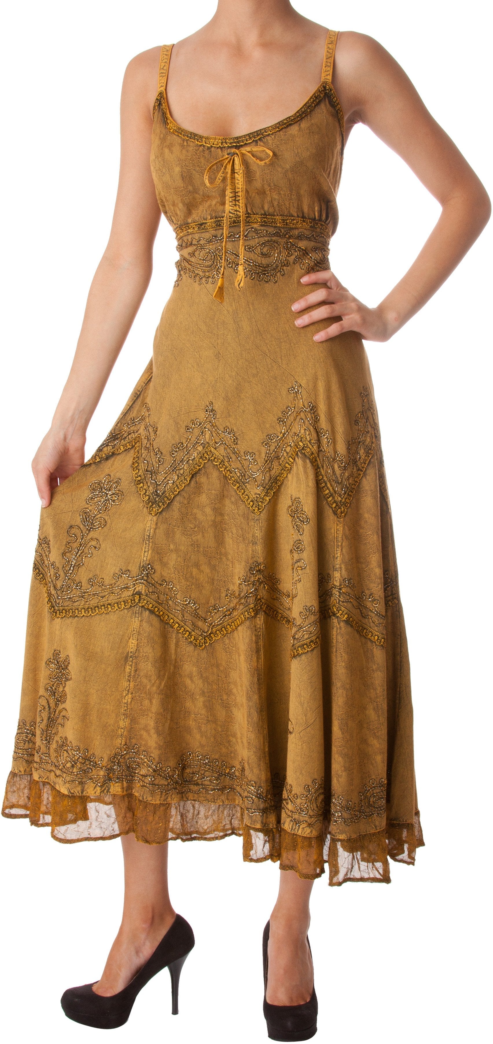 Sakkas - Stonewashed Rayon Embroidered Adjustable Spaghetti Straps Long Dress