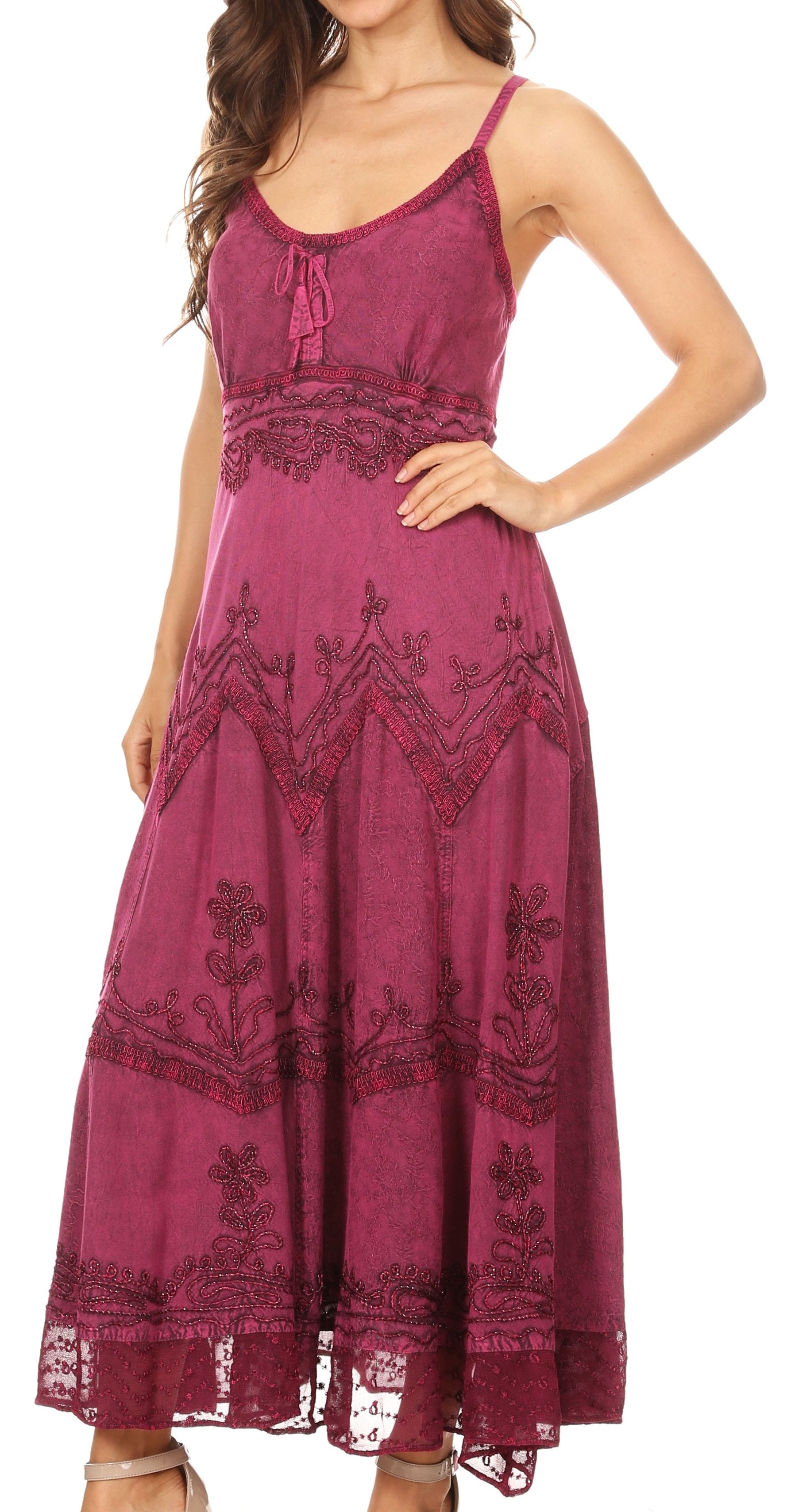 Sakkas - Stonewashed Rayon Embroidered Adjustable Spaghetti Straps Long Dress