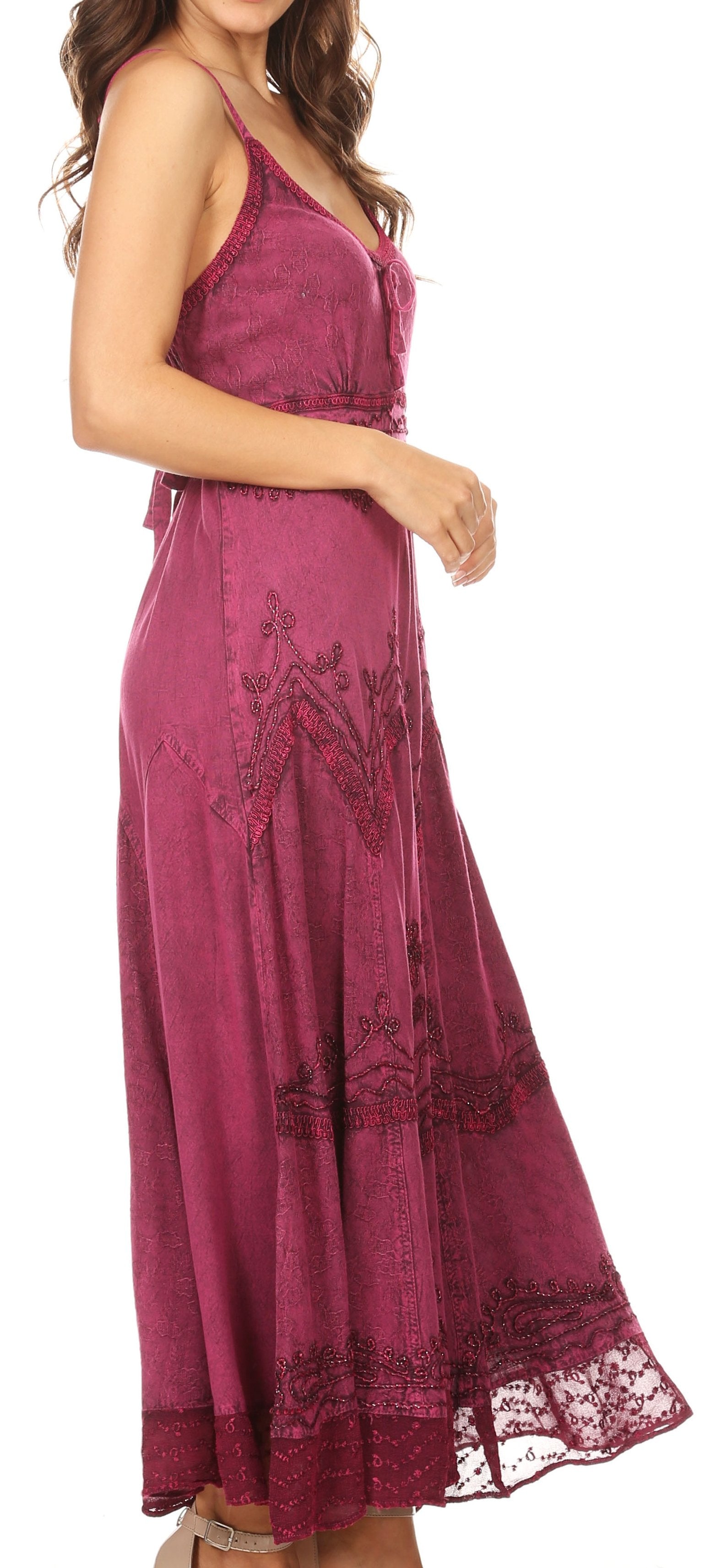 Sakkas - Stonewashed Rayon Embroidered Adjustable Spaghetti Straps Long Dress