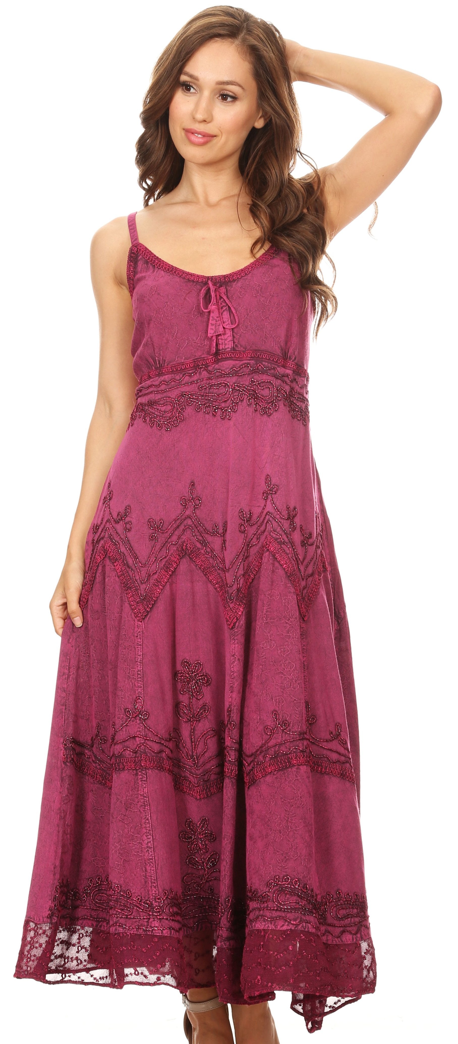 Sakkas - Stonewashed Rayon Embroidered Adjustable Spaghetti Straps Long Dress