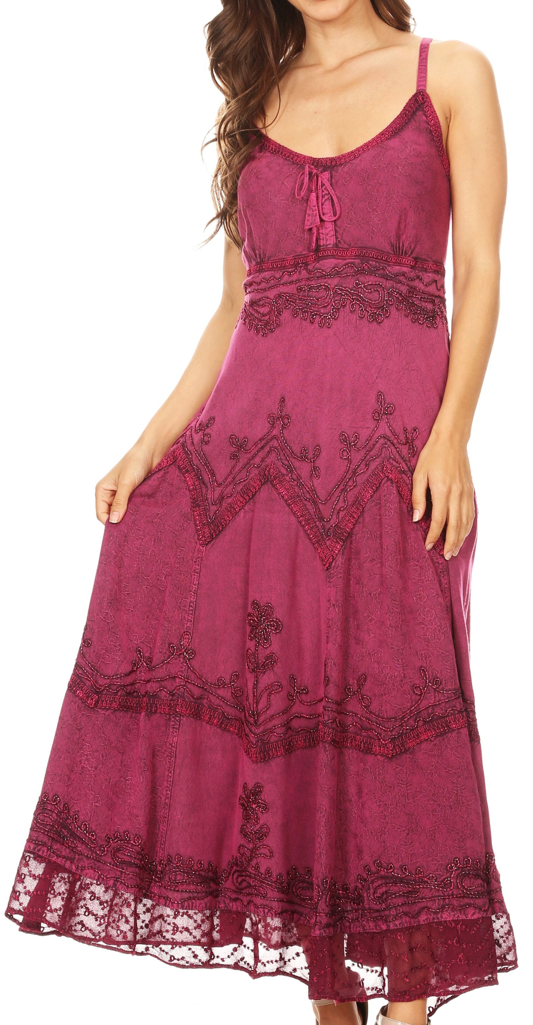 Sakkas - Stonewashed Rayon Embroidered Adjustable Spaghetti Straps Long Dress