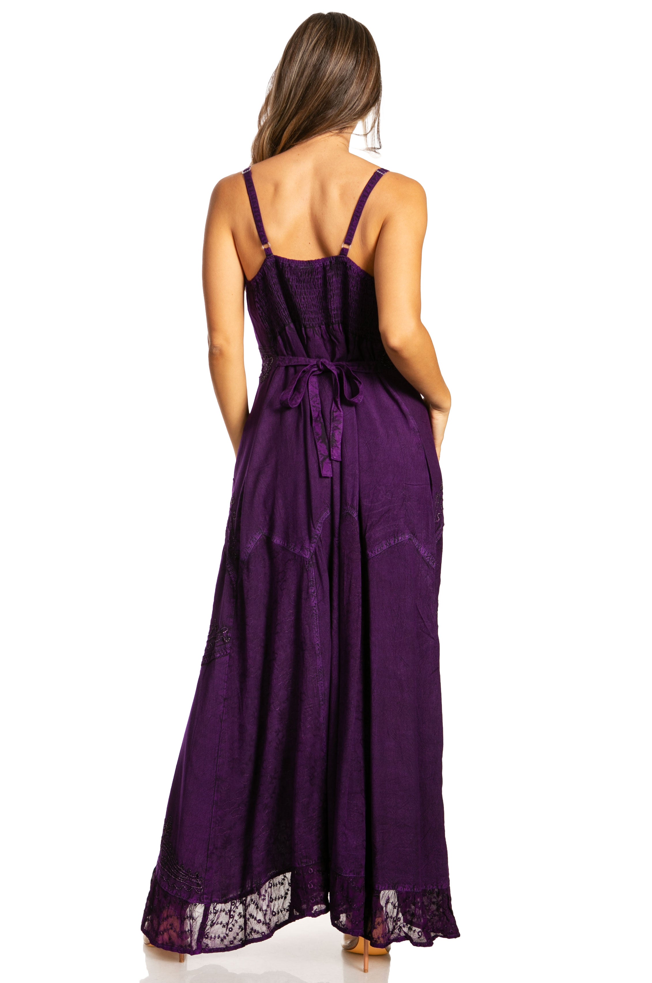 Sakkas - Stonewashed Rayon Embroidered Adjustable Spaghetti Straps Long Dress