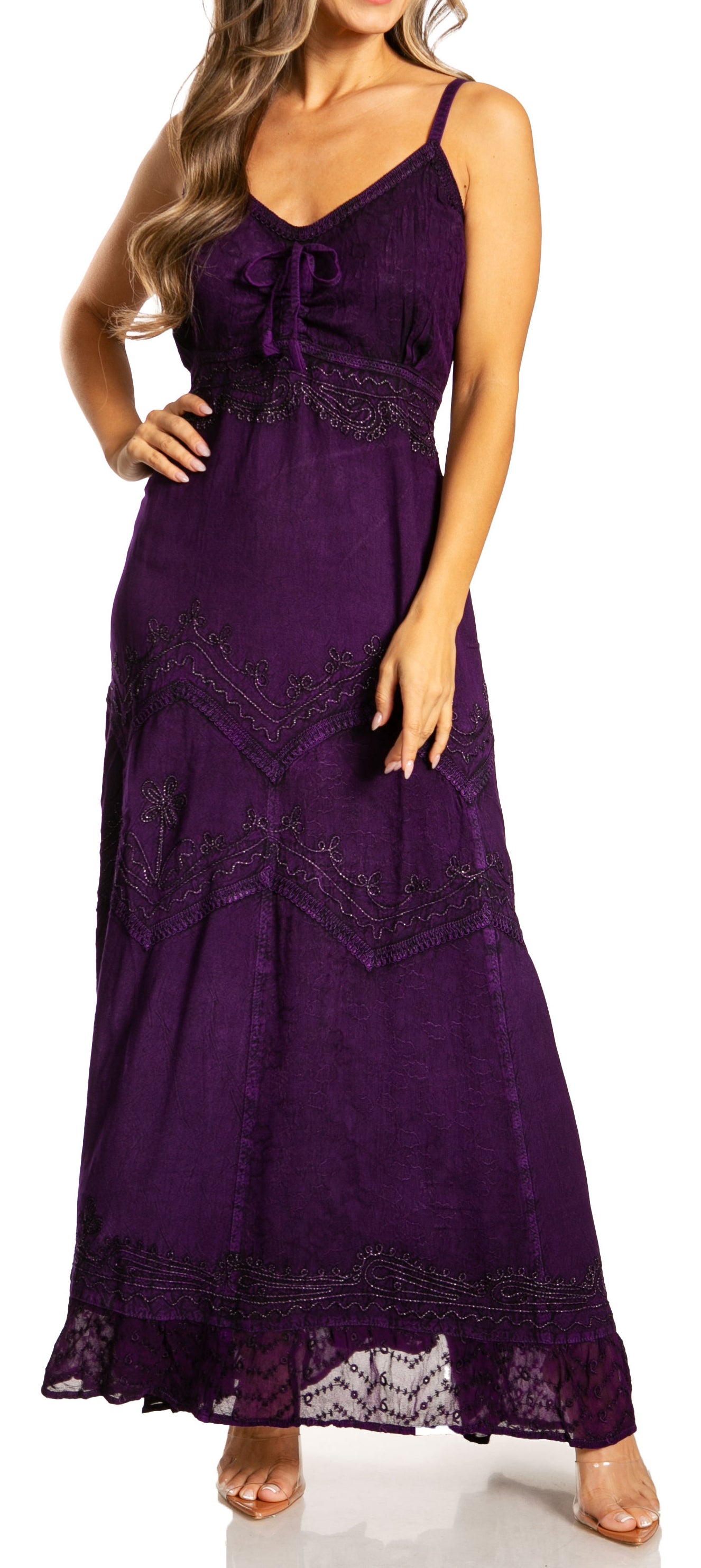 Sakkas - Stonewashed Rayon Embroidered Adjustable Spaghetti Straps Long Dress