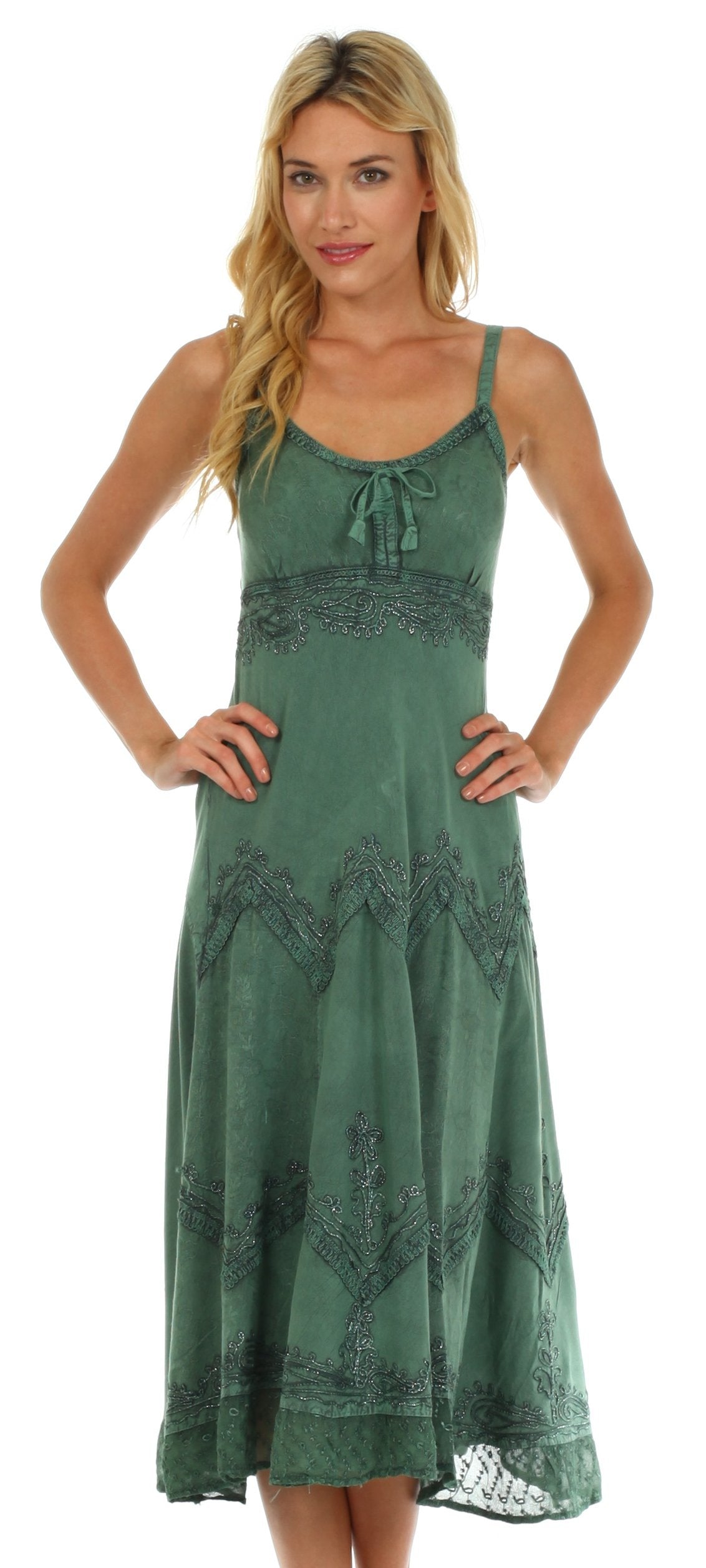 Sakkas - Stonewashed Rayon Embroidered Adjustable Spaghetti Straps Long Dress