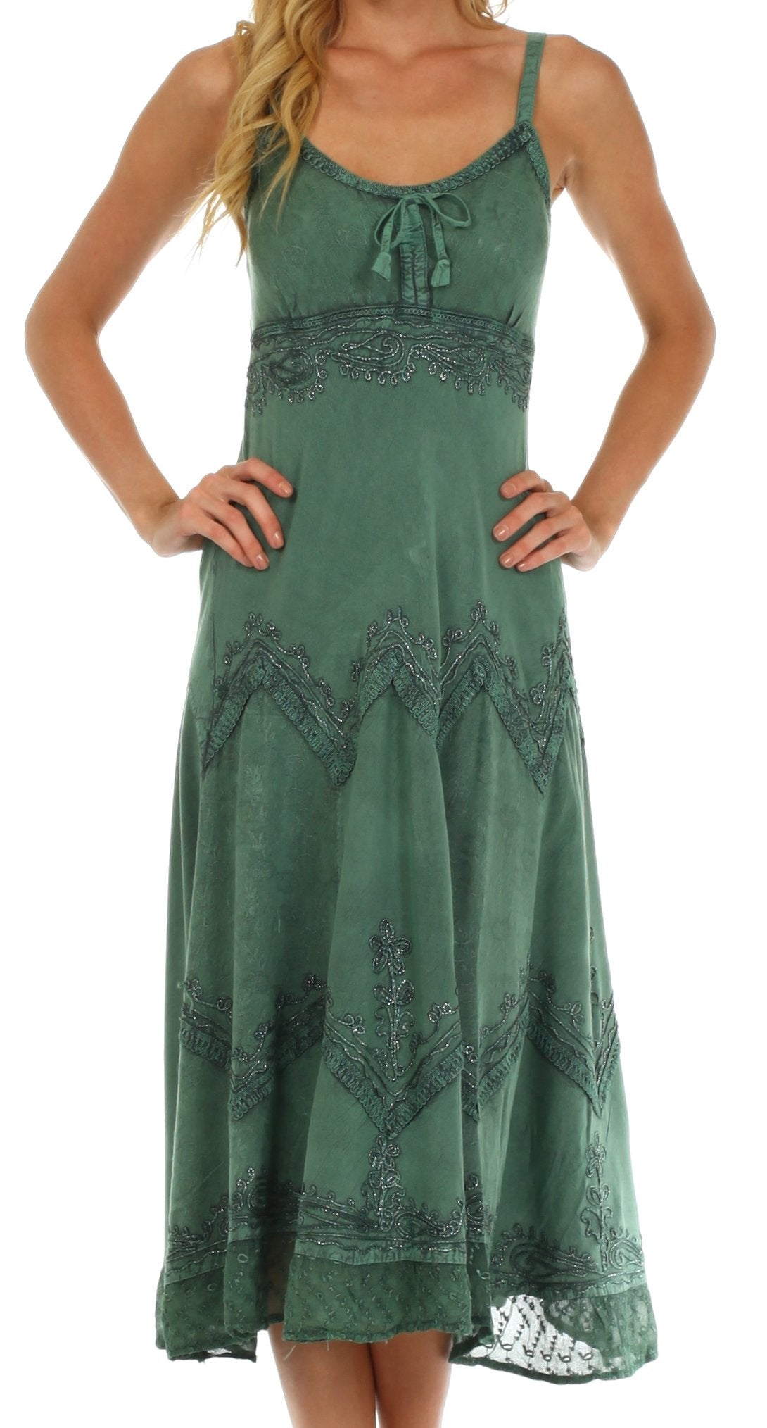 Sakkas - Stonewashed Rayon Embroidered Adjustable Spaghetti Straps Long Dress