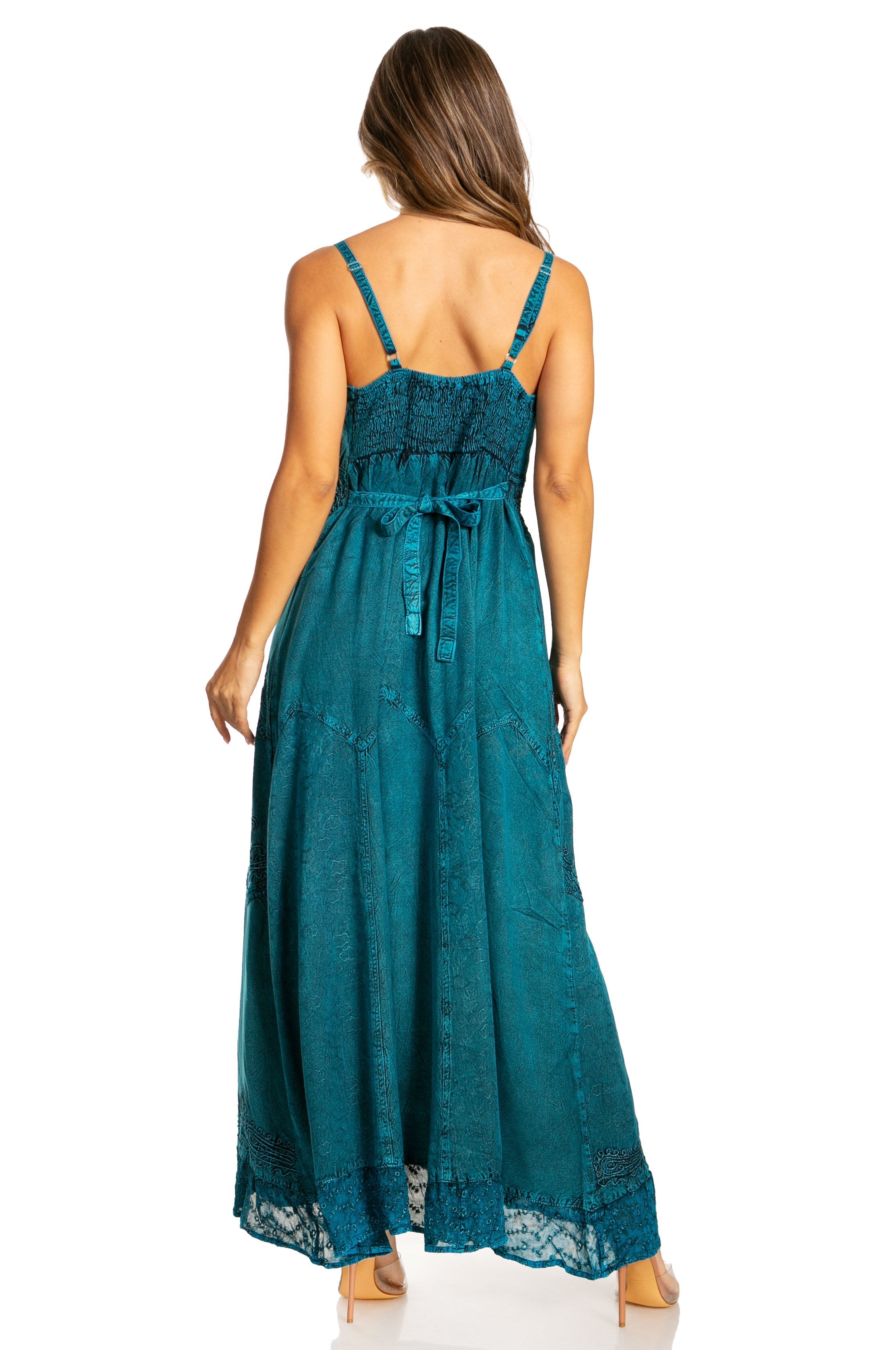 Sakkas - Stonewashed Rayon Embroidered Adjustable Spaghetti Straps Long Dress