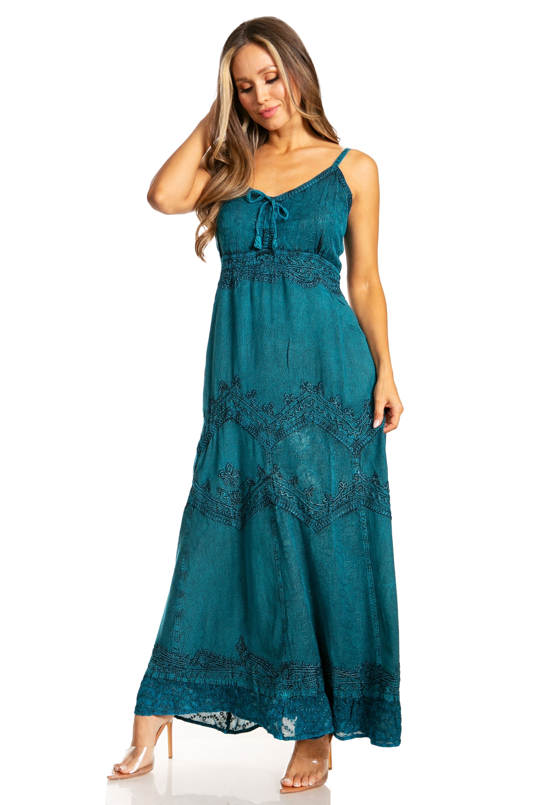 Sakkas - Stonewashed Rayon Embroidered Adjustable Spaghetti Straps Long Dress
