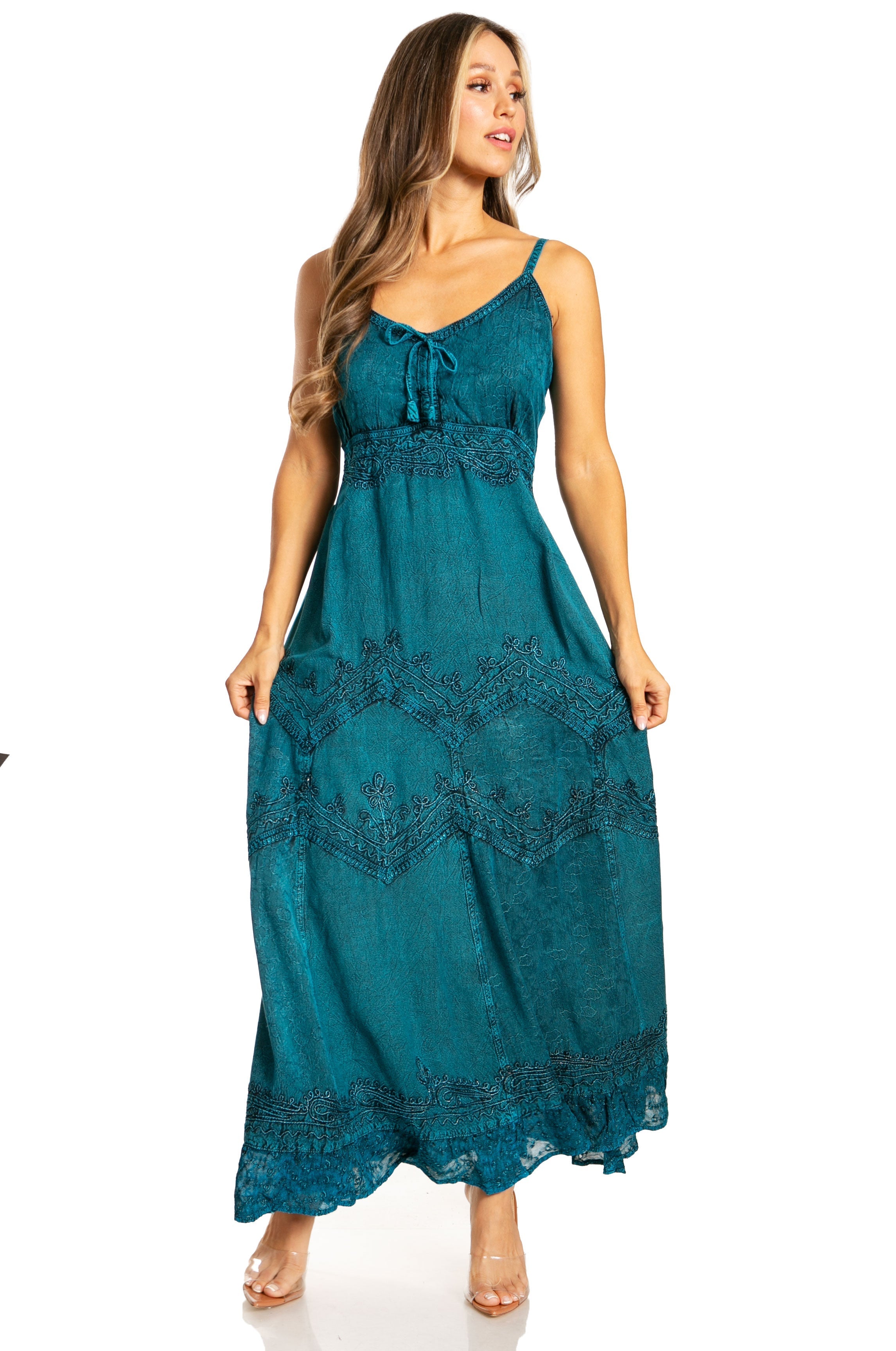 Sakkas - Stonewashed Rayon Embroidered Adjustable Spaghetti Straps Long Dress