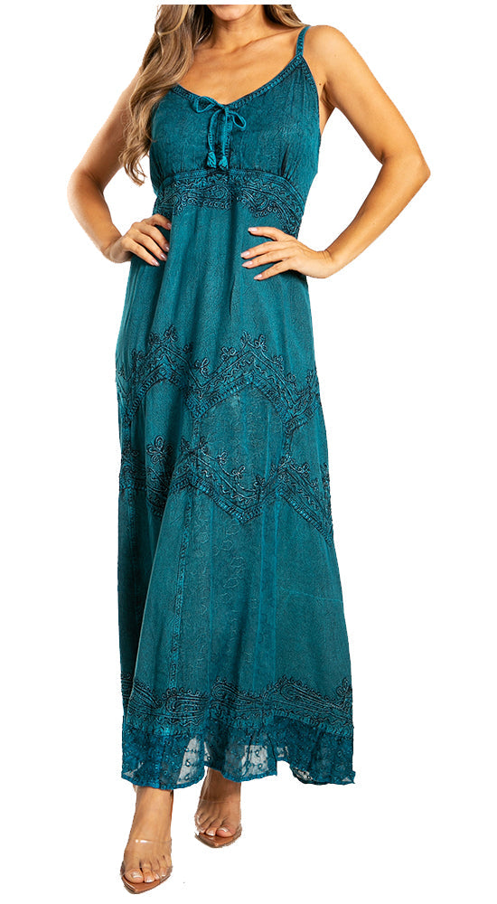 Sakkas - Stonewashed Rayon Embroidered Adjustable Spaghetti Straps Long Dress