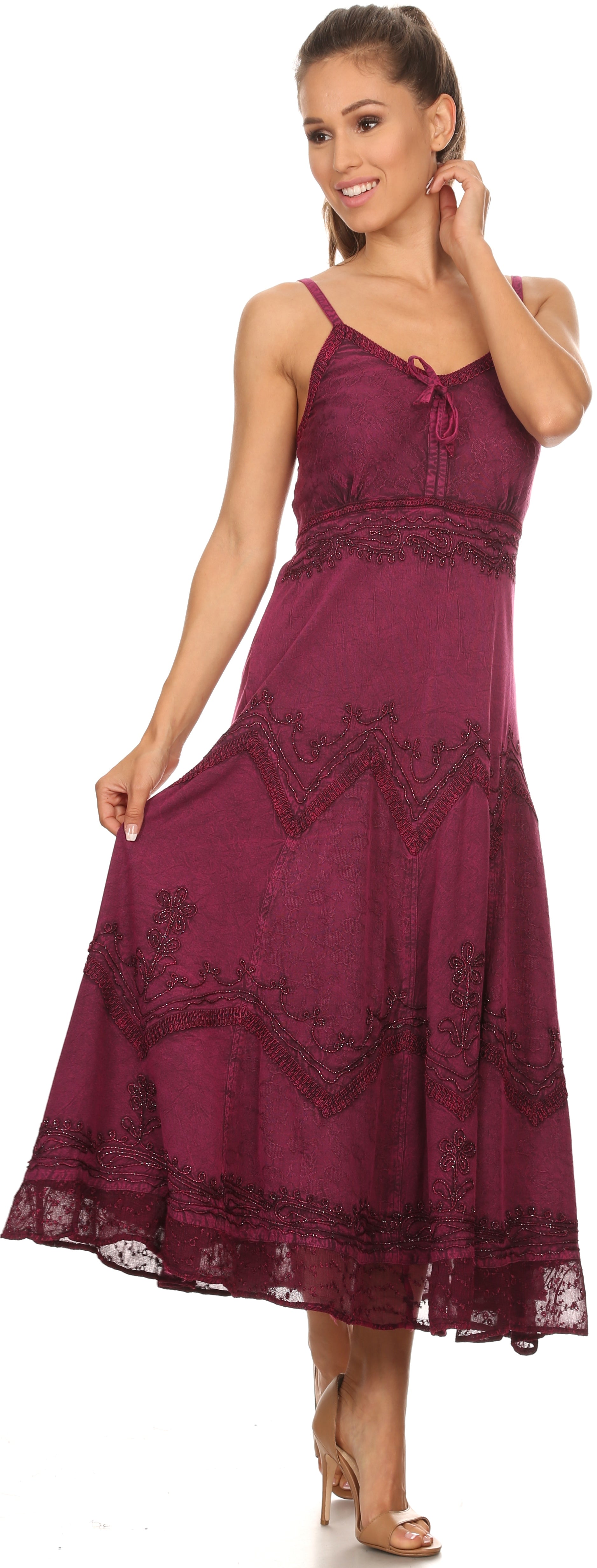 Sakkas - Stonewashed Rayon Embroidered Adjustable Spaghetti Straps Long Dress