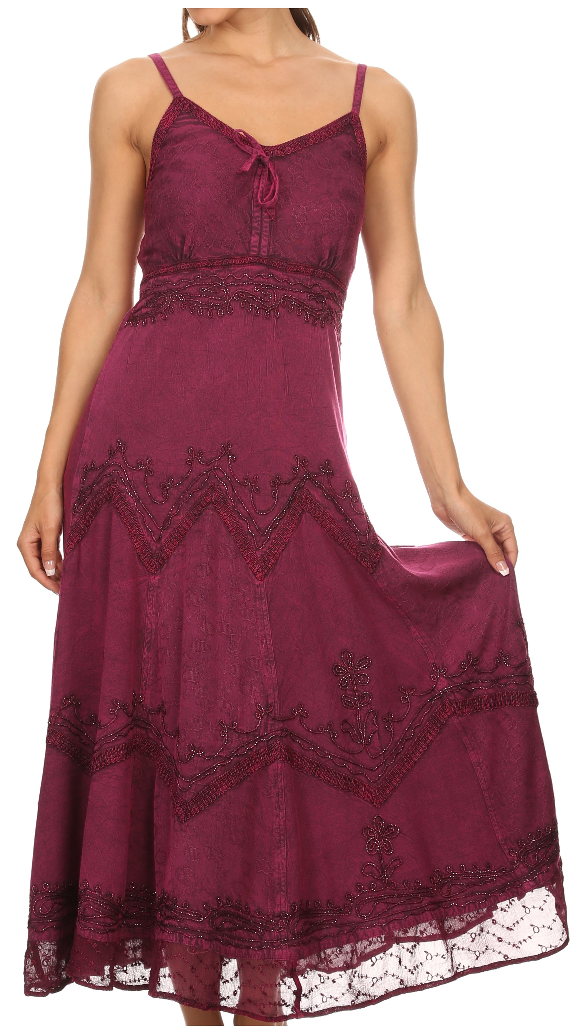 Sakkas - Stonewashed Rayon Embroidered Adjustable Spaghetti Straps Long Dress