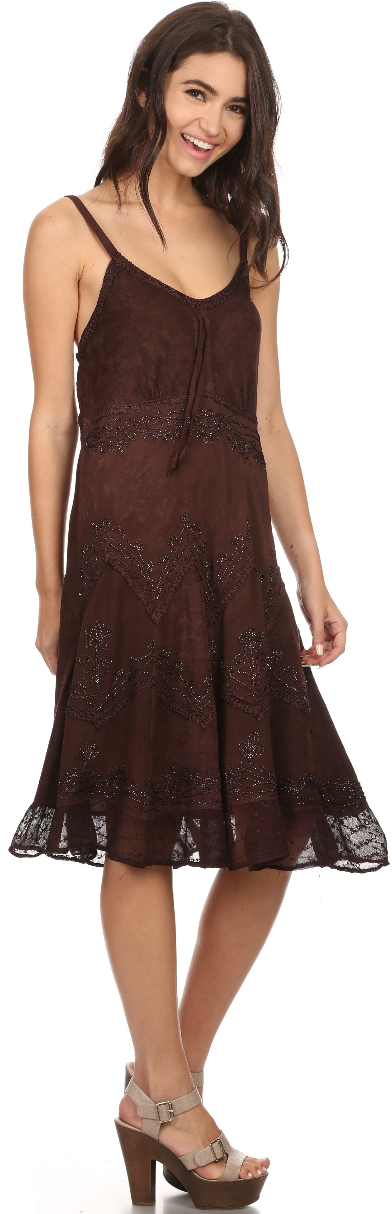 Sakkas - Stonewashed Rayon Adjustable Spaghetti Straps Mid Length Dress