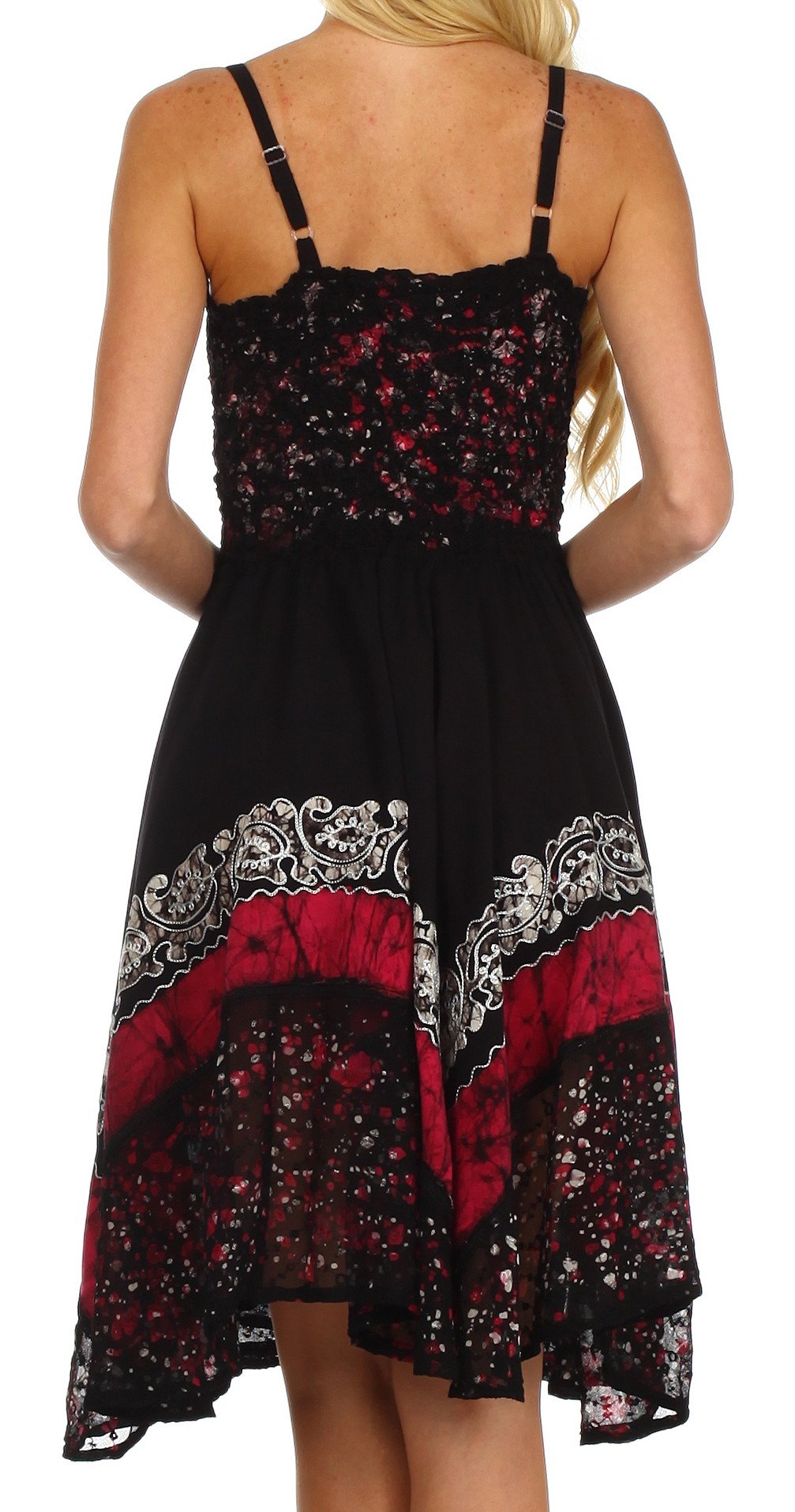 Black dress with red and white patterns on a white background