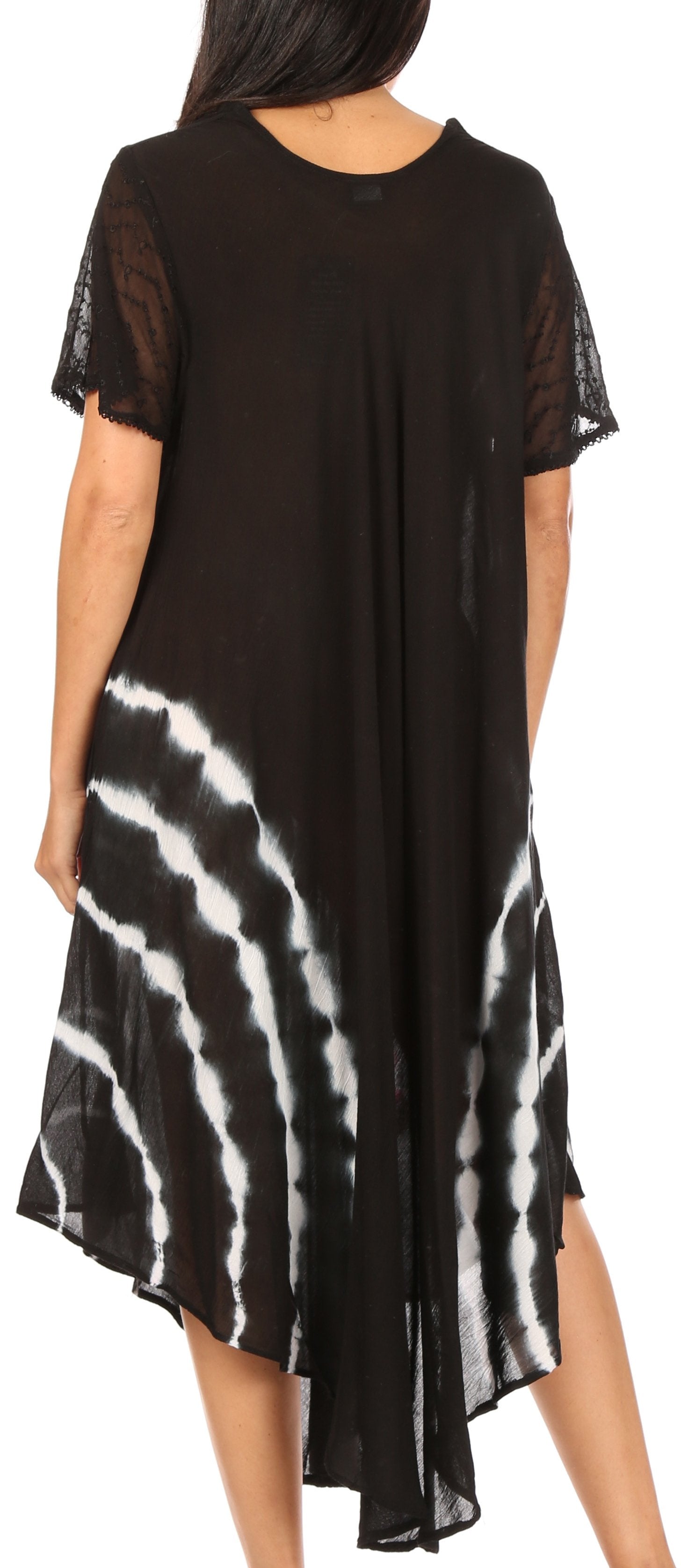 Black and white tie-dye dress with sheer sleeves on a white background