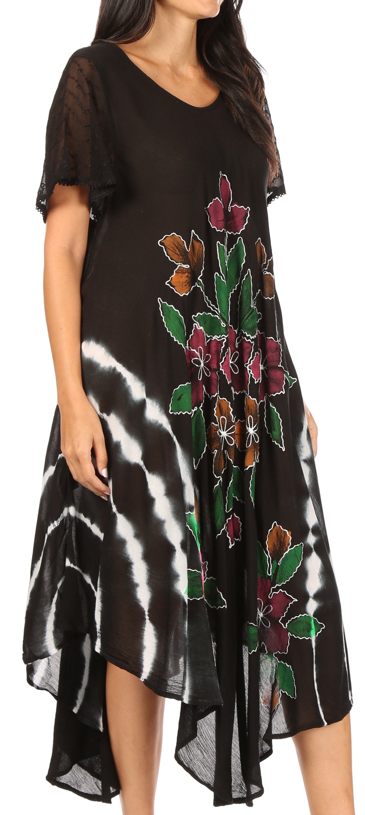 Black dress with floral embroidery and tie-dye pattern