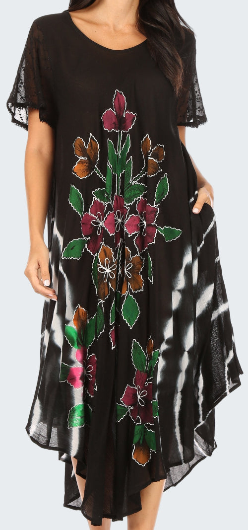 Black dress with floral embroidery on a white background