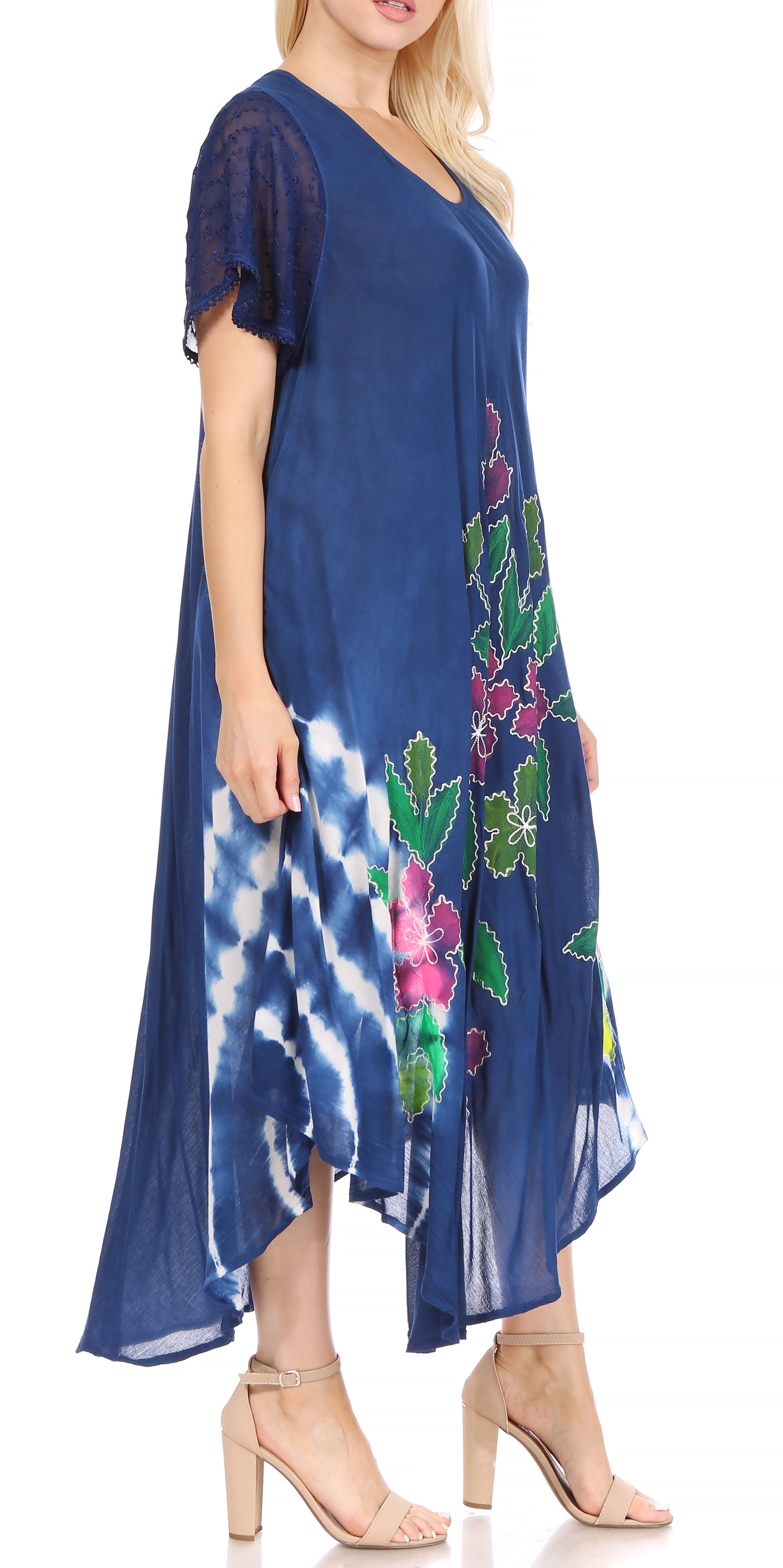 Blue dress with floral and tie-dye patterns on a white background