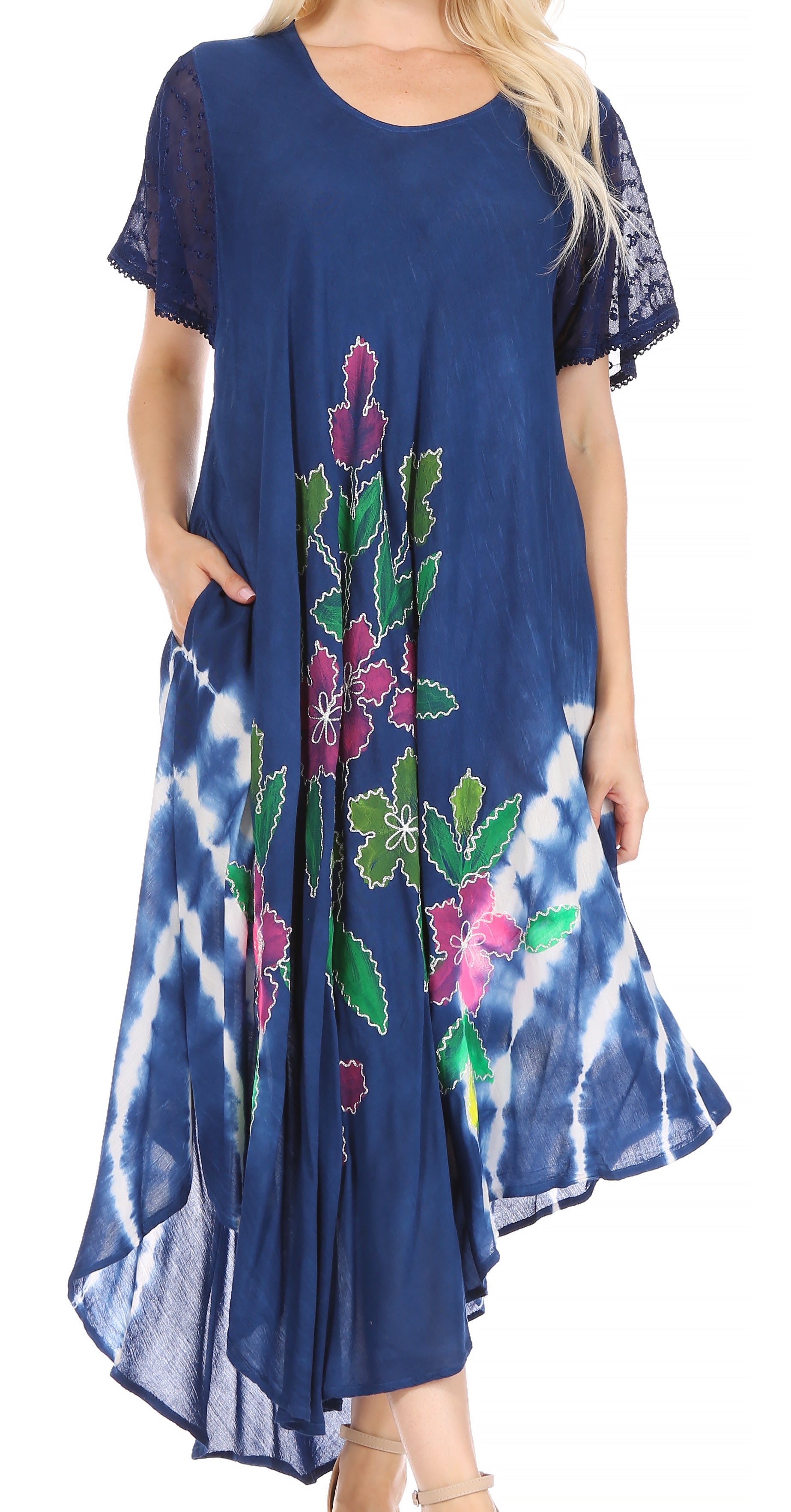 Navy blue dress with floral embroidery on a white background